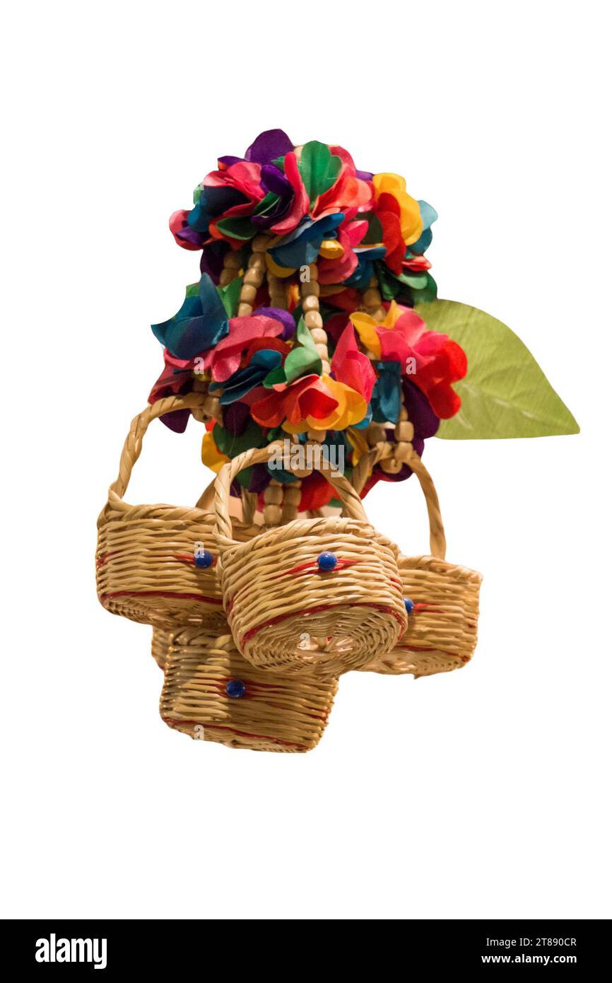 Empty wooden wicker basket isolated on white background. Handmade rustic basket container for shopping Stock Photo