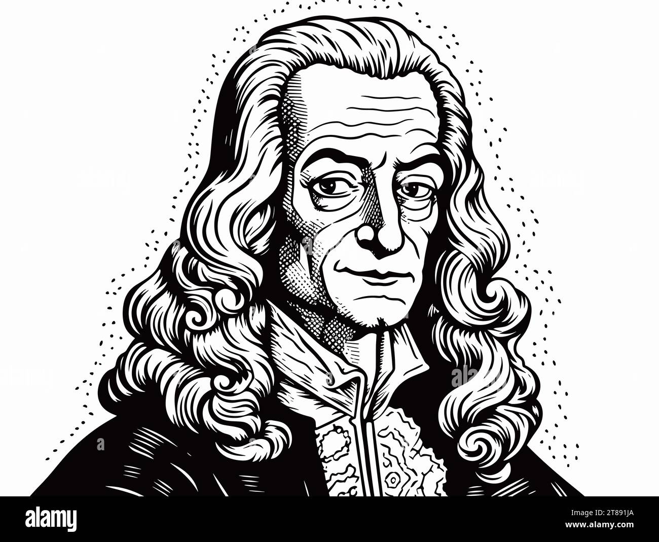 A Black And White Drawing Of A Man With Long Curly Hair - Voltaire ...