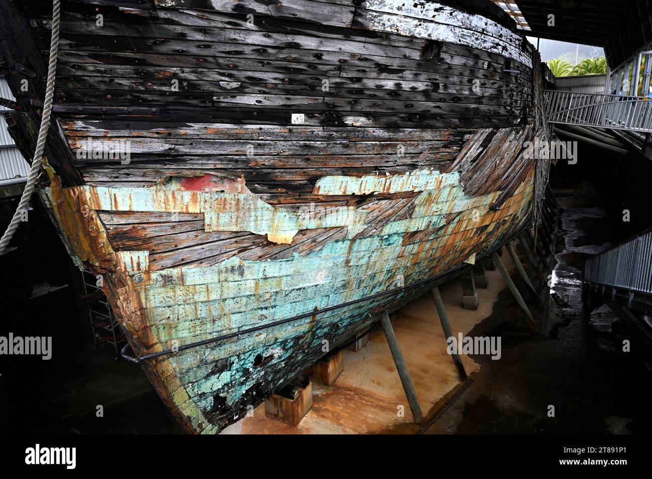 Edwin Fox Sailing Ship Hull in Dry  Dock, Picton New Zealand. The oldest Merchant Ship in The World. The world's last surviving East Indianman. Stock Photo