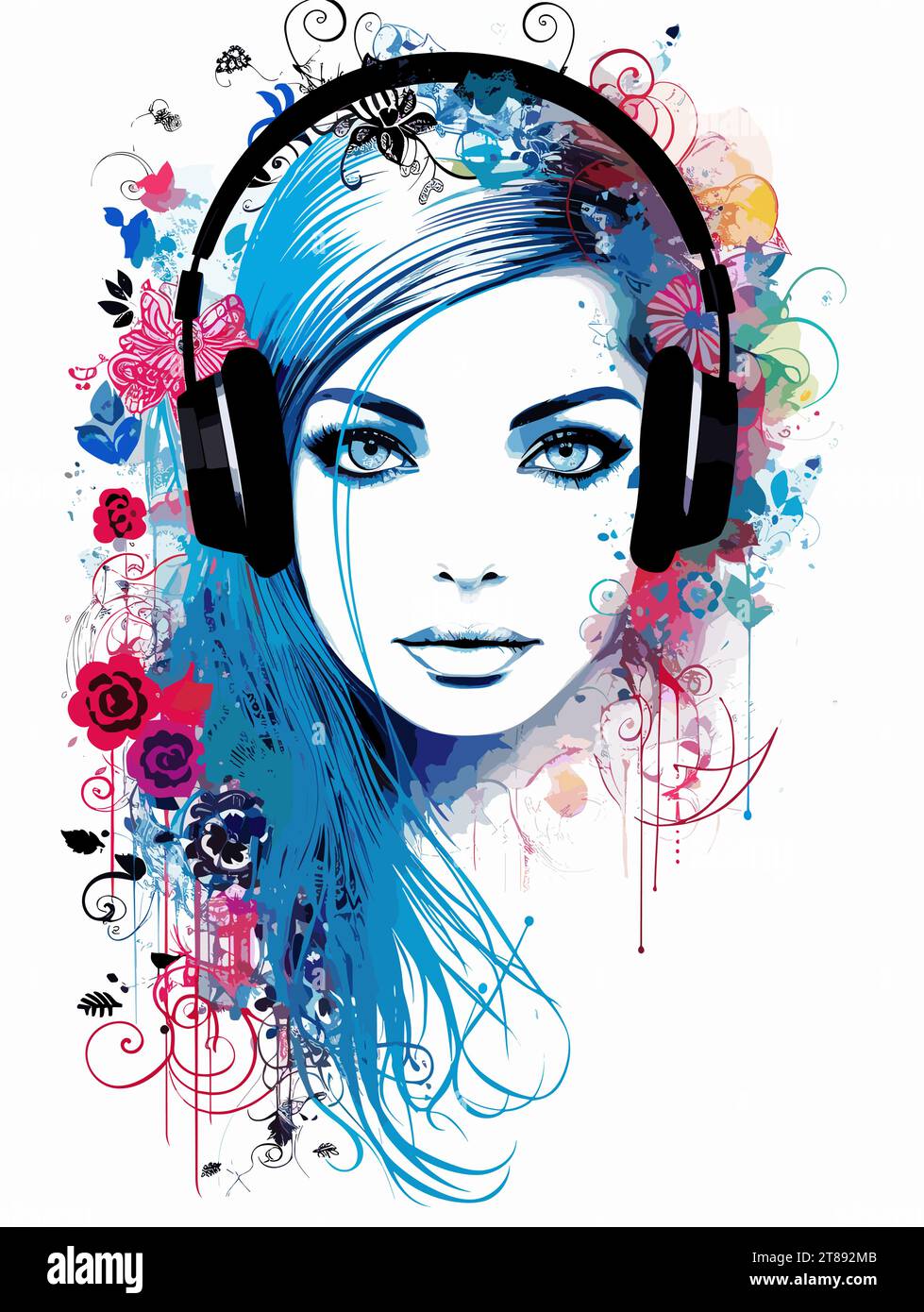 A Woman With Headphones DJ girl music colors mix floral calligraphy