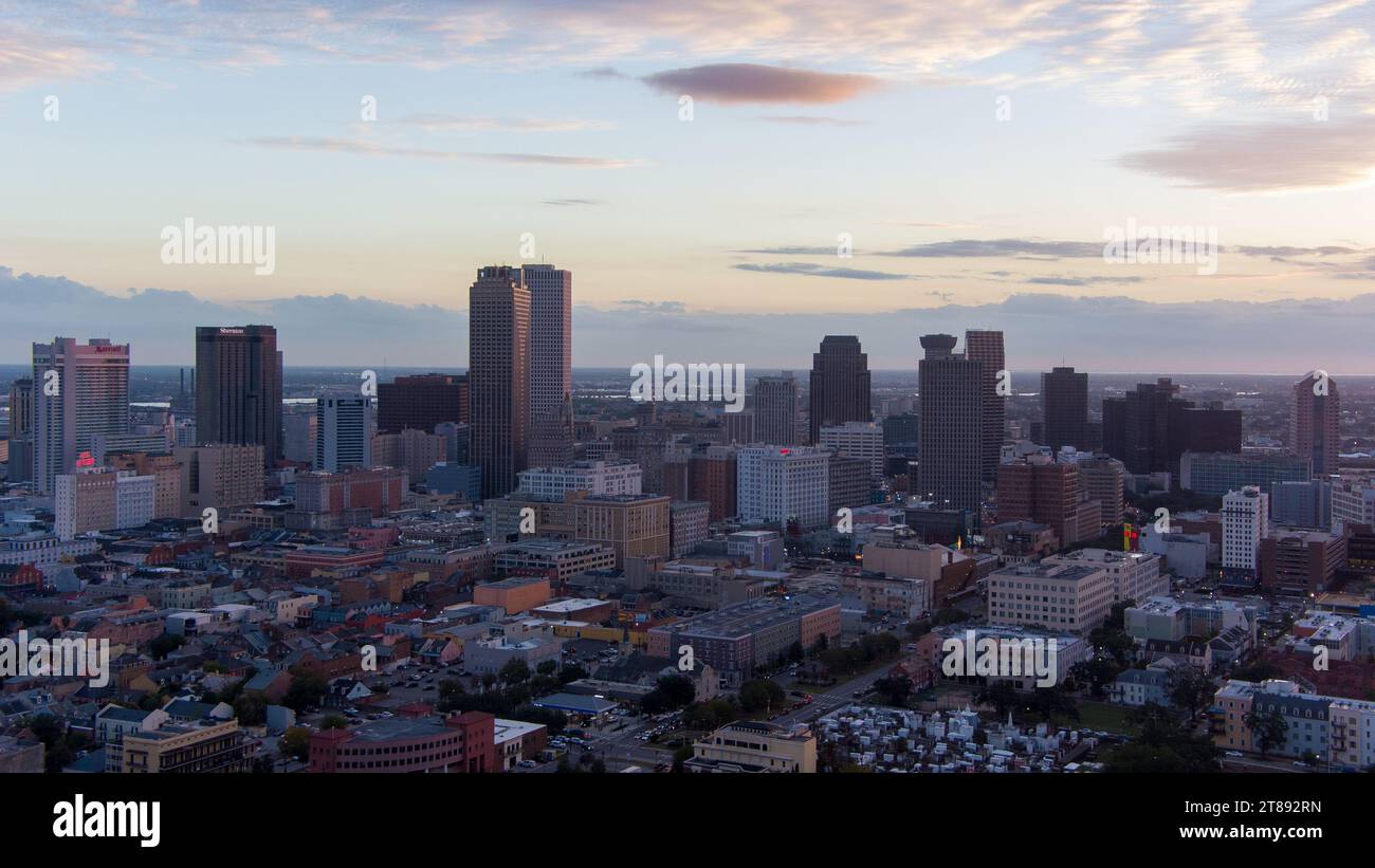 Aerial view of downtown New Orleans, Louisiana at sunset in November