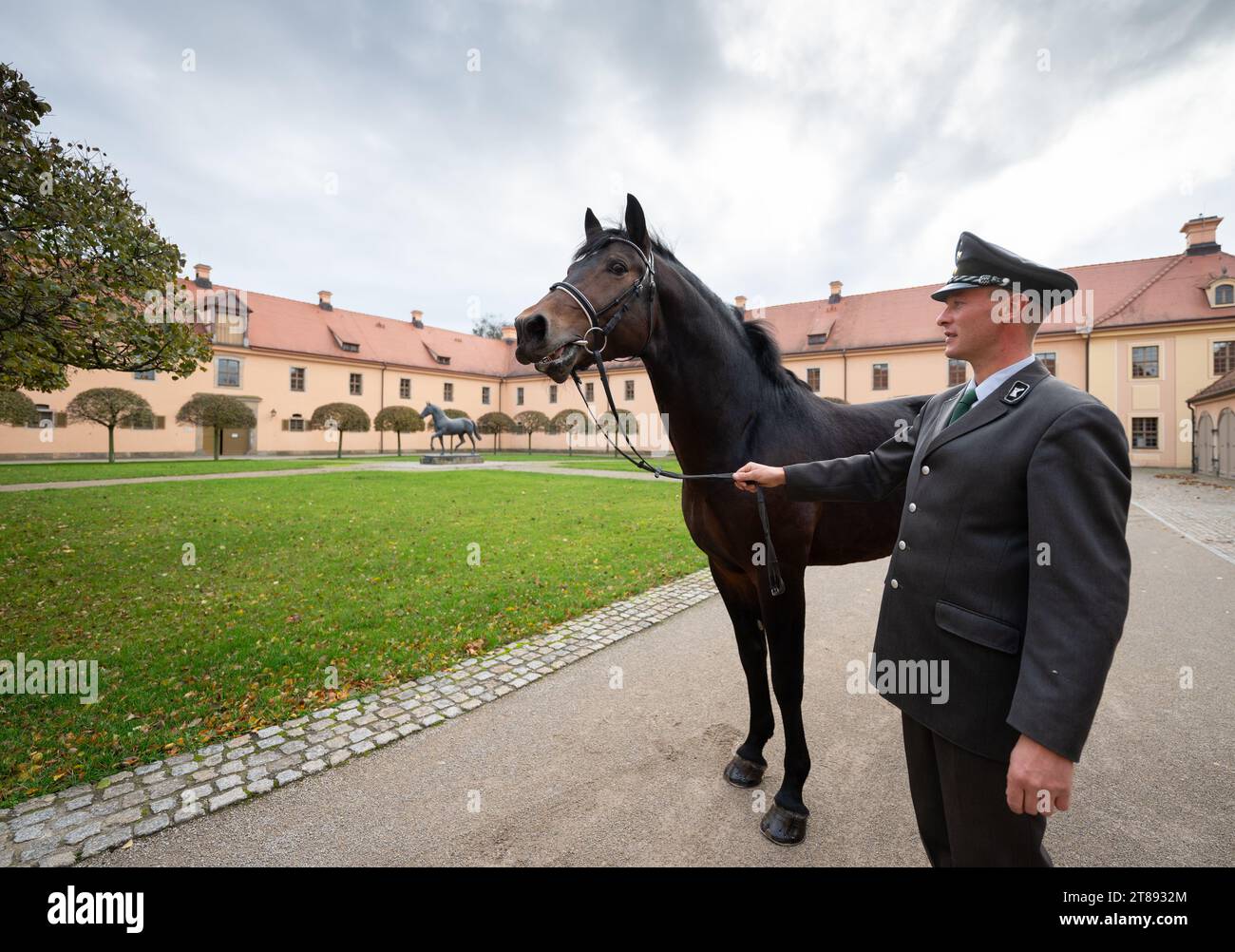 PRODUCTION - 16 November 2023, Saxony, Moritzburg: Phil Teifel, stud keeper at Moritzburg State Stud, stands in front of the life-size bronze sculpture of Elton by Eros, an important sire in the breeding of Saxon-Thuringian heavy warmbloods, during a photo session with 'Lancelo', a Saxon-Thuringian heavy warmblood stallion and national champion of 4- and 5-year-old driving horses in 2023, in the historic courtyard of the state stud. The joint horse breeding association of the two Free States closes the 2023 breeding year with the presentation of young stallions of the Saxon-Thuringian heavy wa Stock Photo