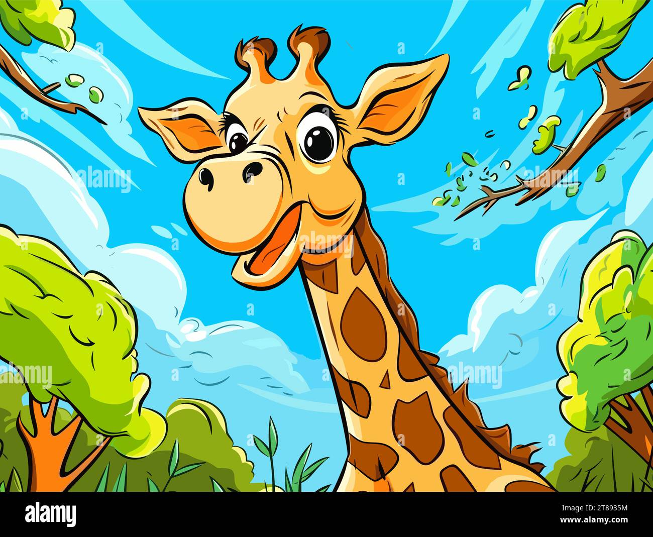 A Cartoon Giraffe In A Forest - Illustration of Happy giraffe cartoon