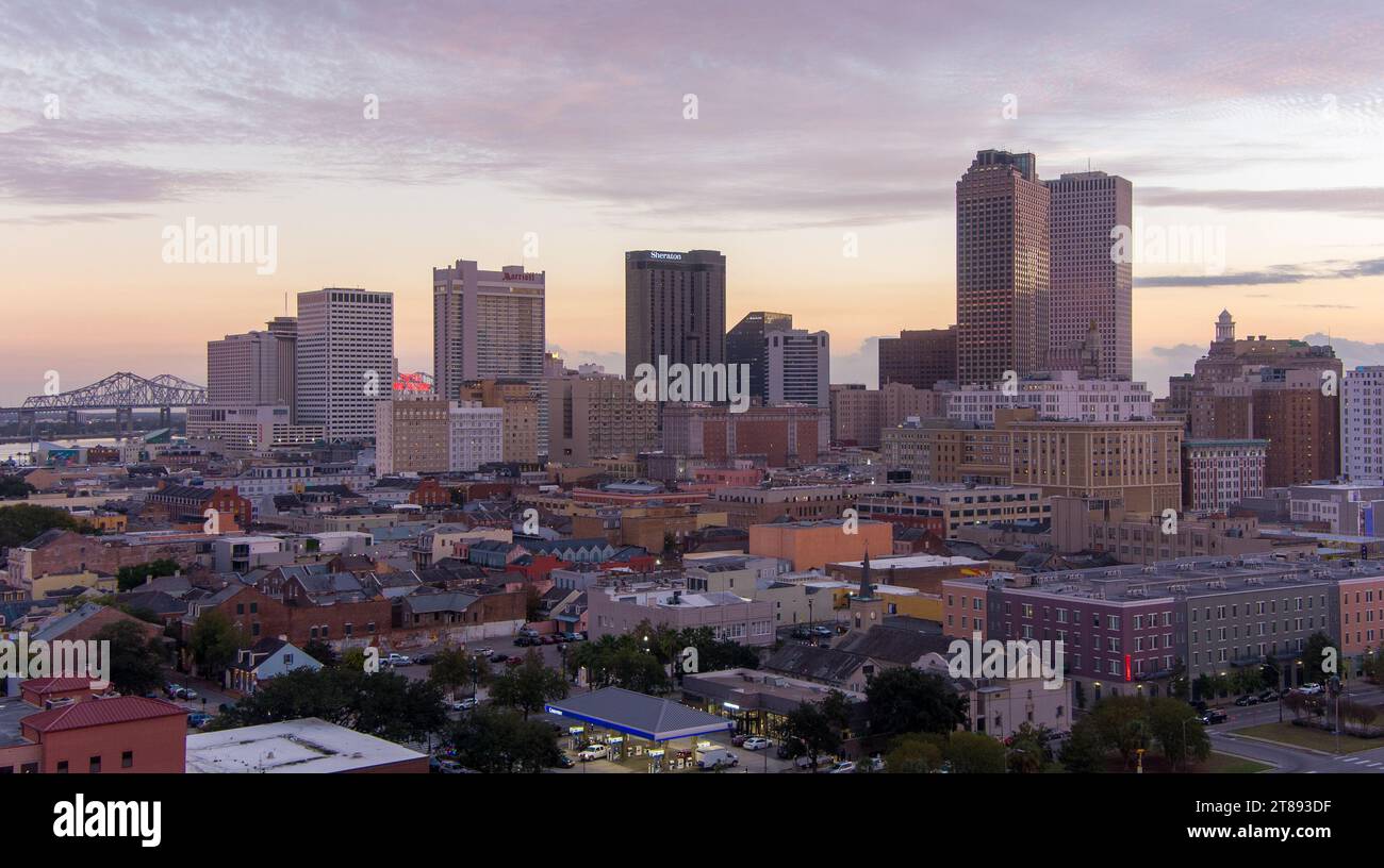 Aerial view of downtown New Orleans, Louisiana at sunset in November