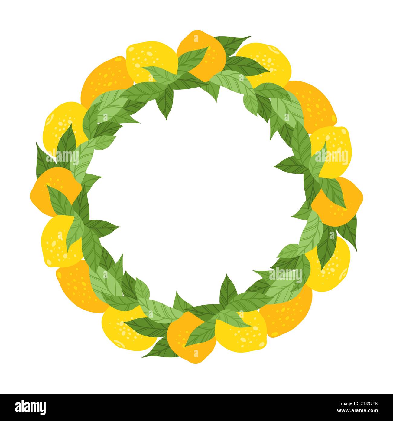 Vector contrast round frame with lemons, foliage and copy space. Hand drawn flat border with fruits and place for text. Circle framework with citruses Stock Vector