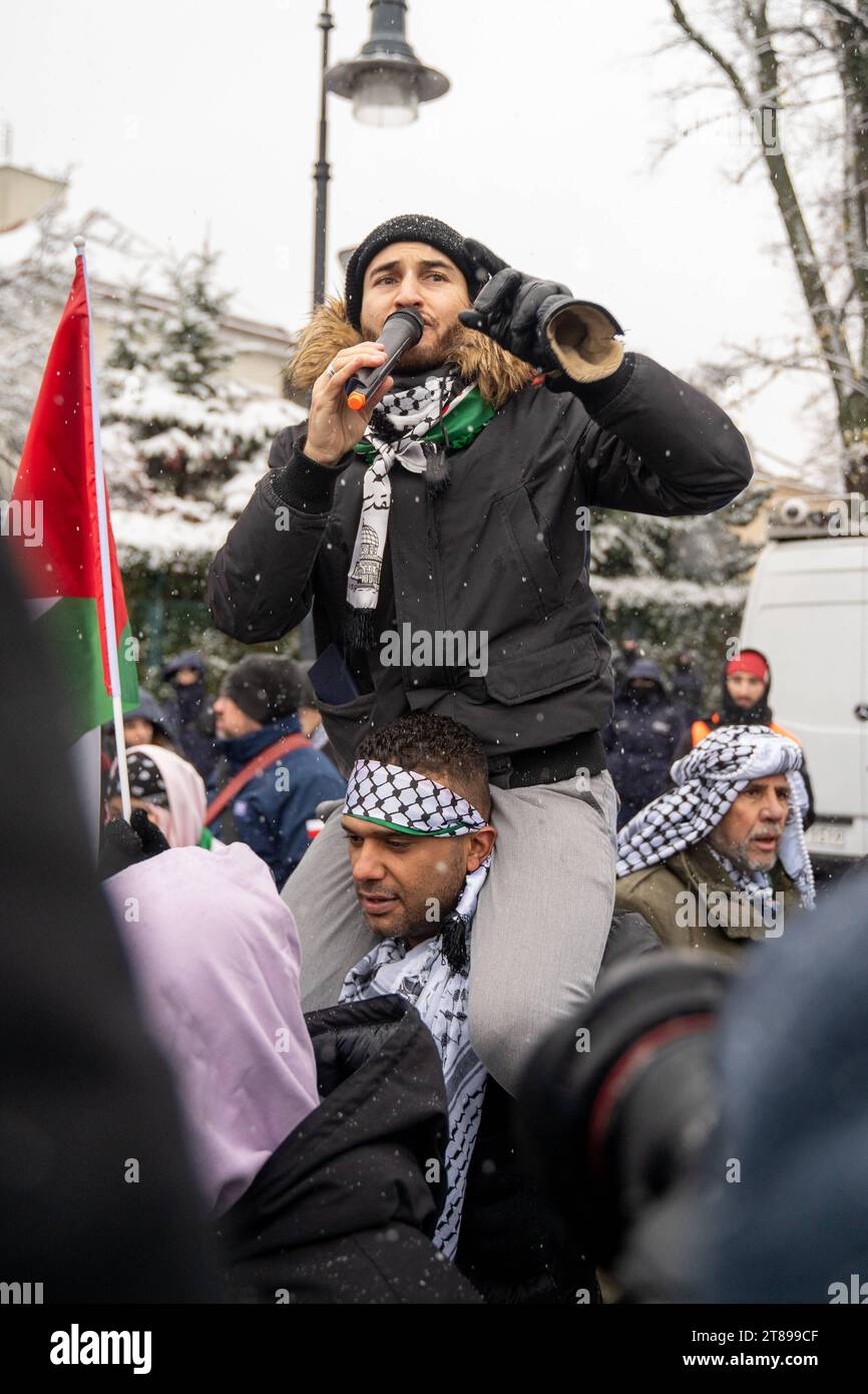 A demonstrator shouts slogans during a solidarity rally with Palestine ...