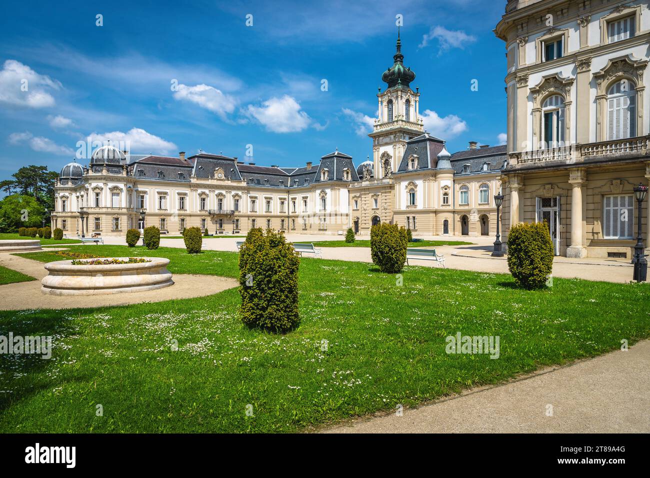 Famous ornamental garden and picturesque flowery walkways in the courtyard of Festetics castle (Helikon palace), Keszthely, Hungary, Europe Stock Photo
