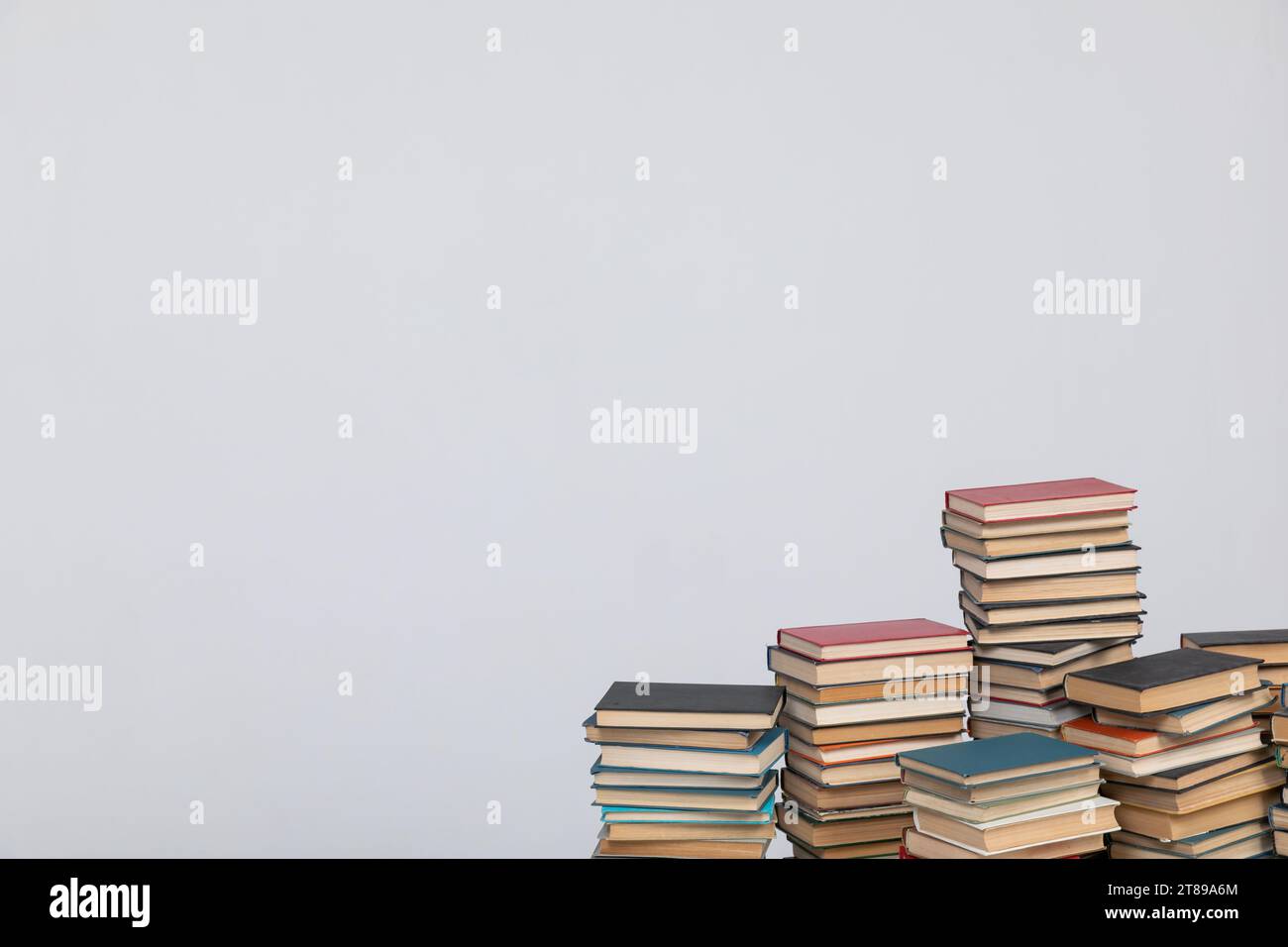 science knowledge reading many books in stacks in a library on a white ...