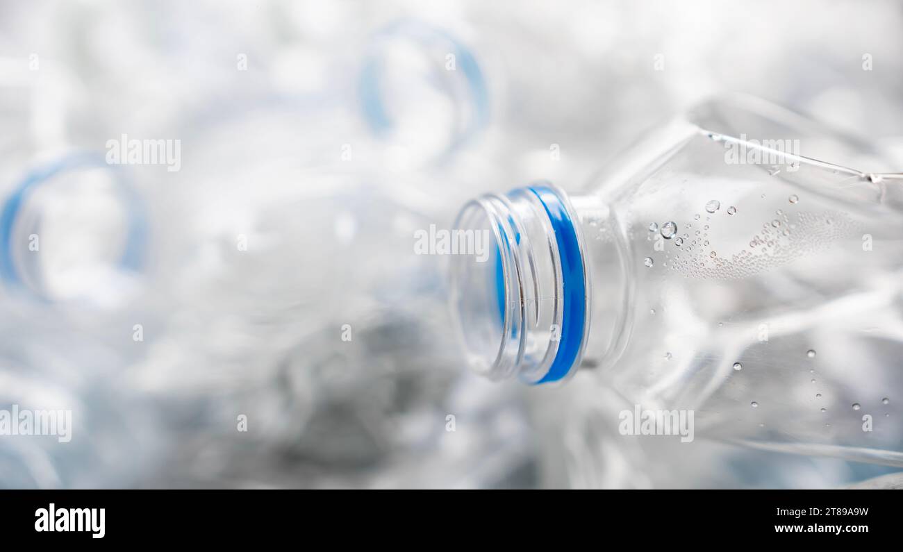 Waste plastic water bottles for recycling close up. waste management concepts. Stock Photo