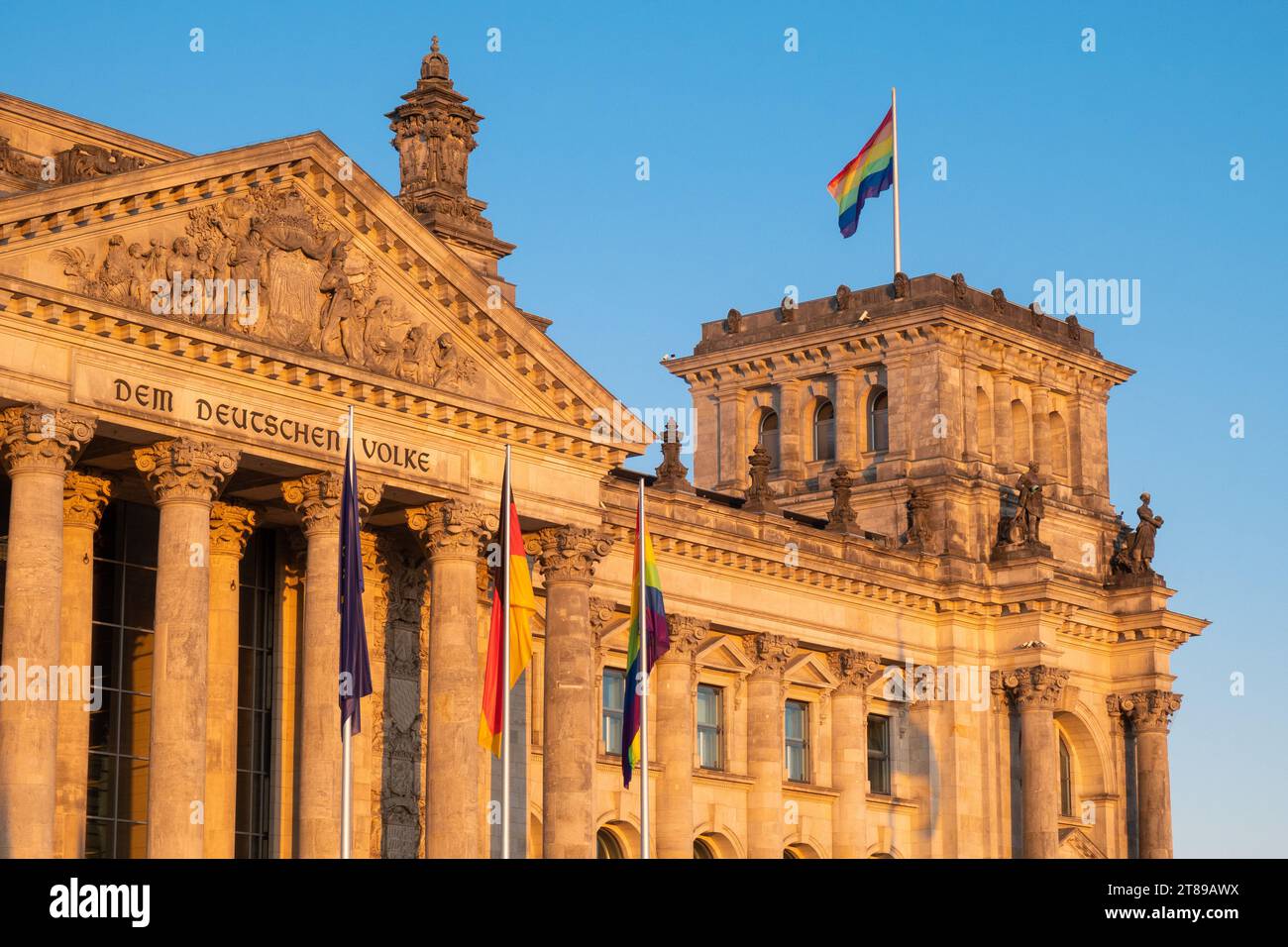 Gay pride flags over the Reichstag (Bundestag), Berlin Stock Photo