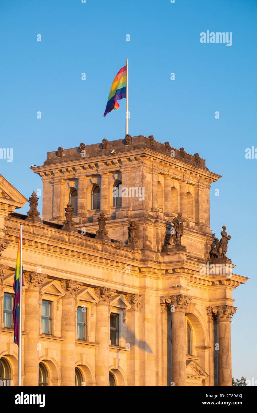 Gay pride flags over the Reichstag (Bundestag), Berlin Stock Photo