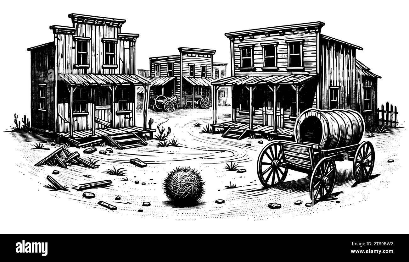 Deserted western town, linocut print with detailed buildings and wagon. Stock Vector