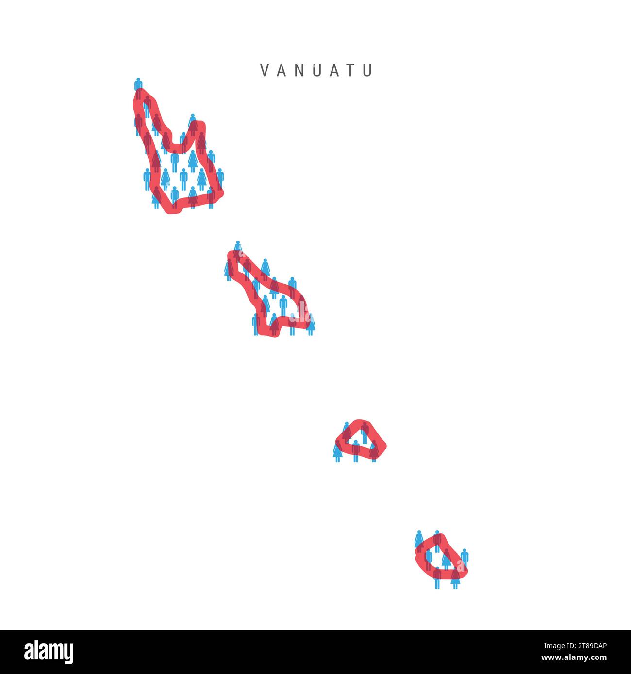 Vanuatu population map. Stick figures Vanuatuan people map with bold red translucent country border. Pattern of men and women icons. Isolated vector i Stock Vector
