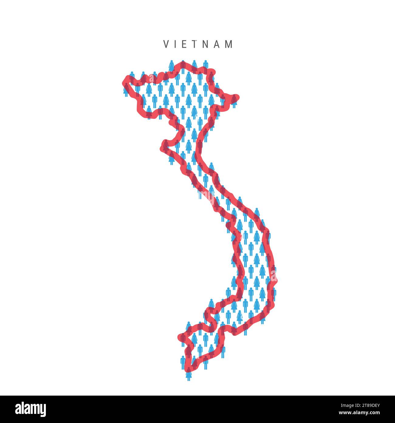 Vietnam population map. Stick figures Vietnamese people map with bold red translucent country border. Pattern of men and women icons. Isolated vector Stock Vector