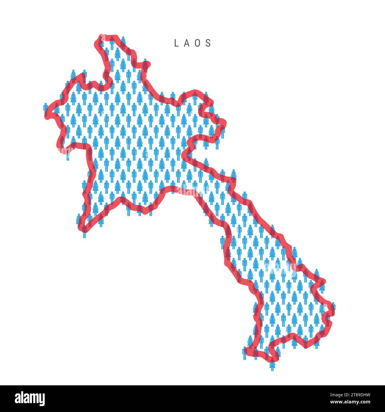 Laos population map. Stick figures Laotian people map with bold red translucent country border. Pattern of men and women icons. Isolated vector illust Stock Vector