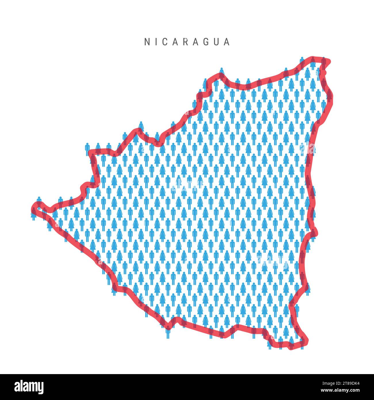 Nicaragua population map. Stick figures Nicaraguan people map with bold red translucent country border. Pattern of men and women icons. Isolated vecto Stock Vector