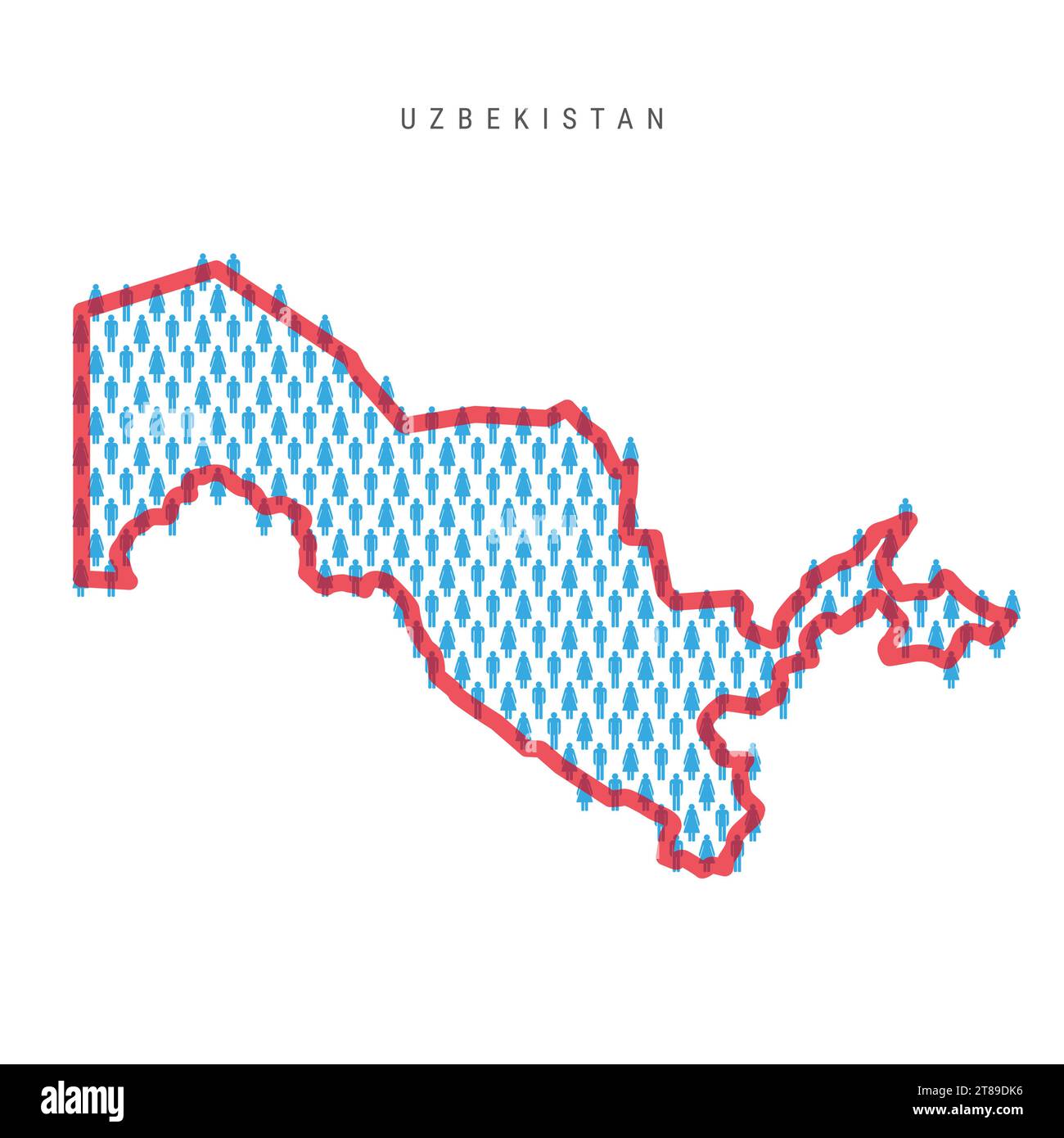 Uzbekistan population map. Stick figures Uzbek people map with bold red translucent country border. Pattern of men and women icons. Isolated vector il Stock Vector