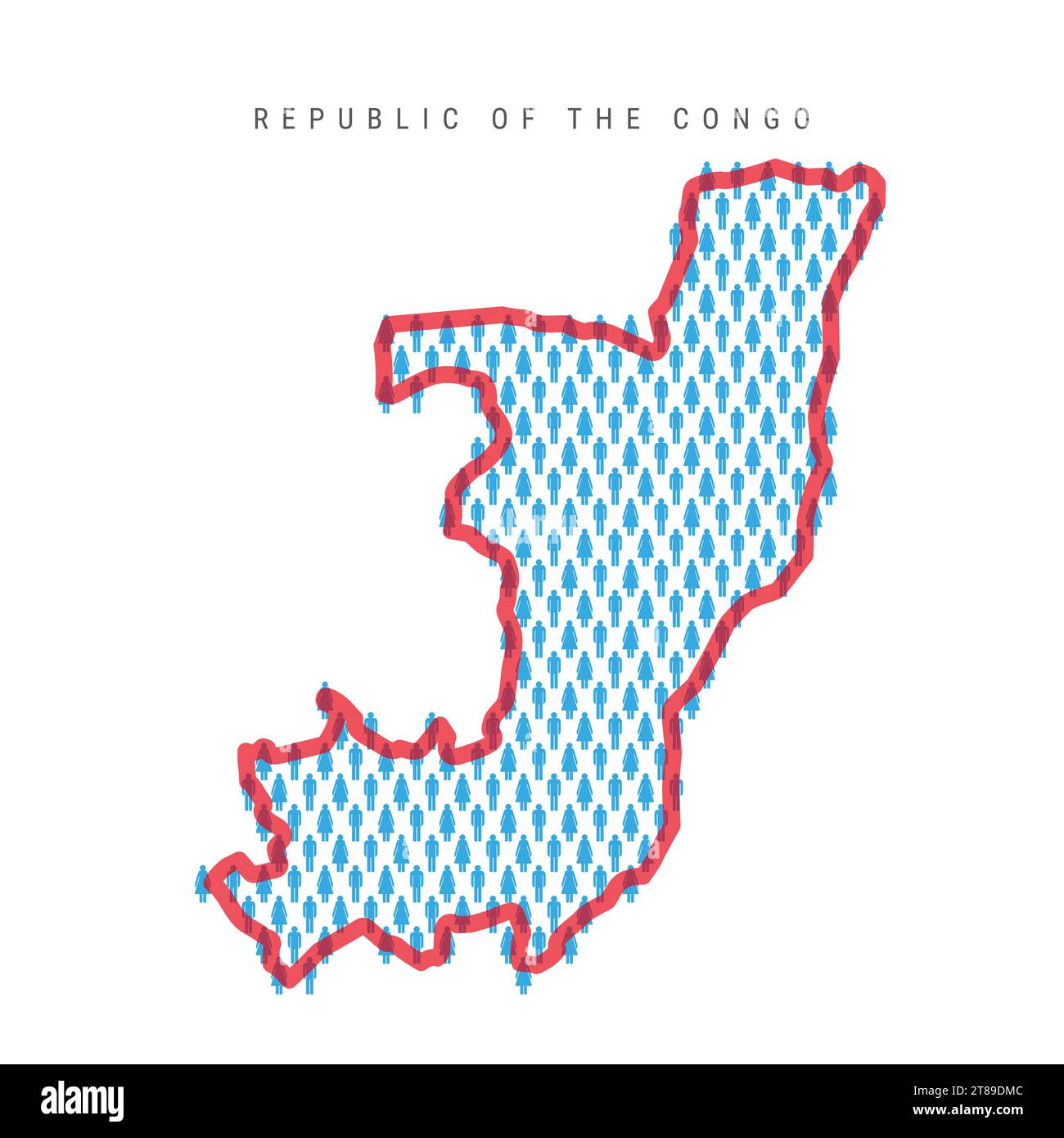 Republic of the Congo population map. Stick figures Congolese people map with bold red translucent country border. Pattern of men and women icons. Iso Stock Vector