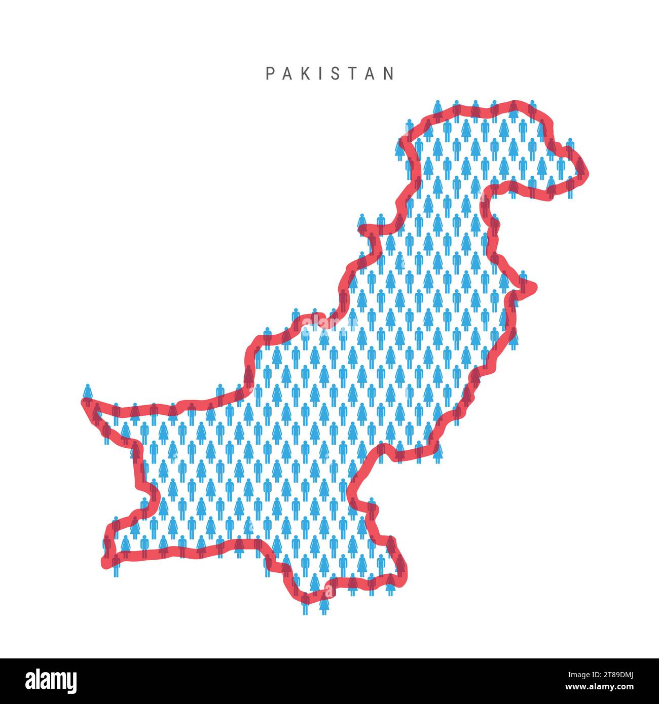 Pakistan population map. Stick figures Pakistani people map with bold red translucent country border. Pattern of men and women icons. Isolated vector Stock Vector