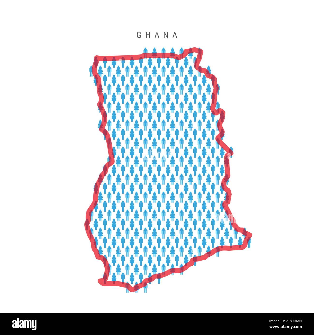 Ghana population map. Stick figures Ghanaian people map with bold red translucent country border. Pattern of men and women icons. Isolated vector illu Stock Vector