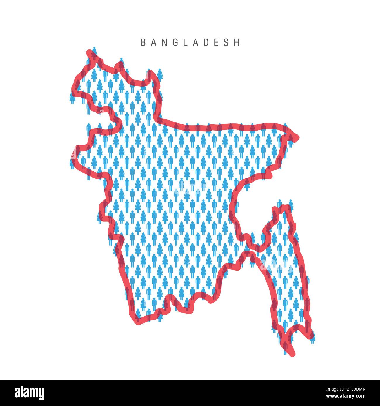 Bangladesh population map. Stick figures Bangladeshi people map with bold red translucent country border. Pattern of men and women icons. Isolated vec Stock Vector