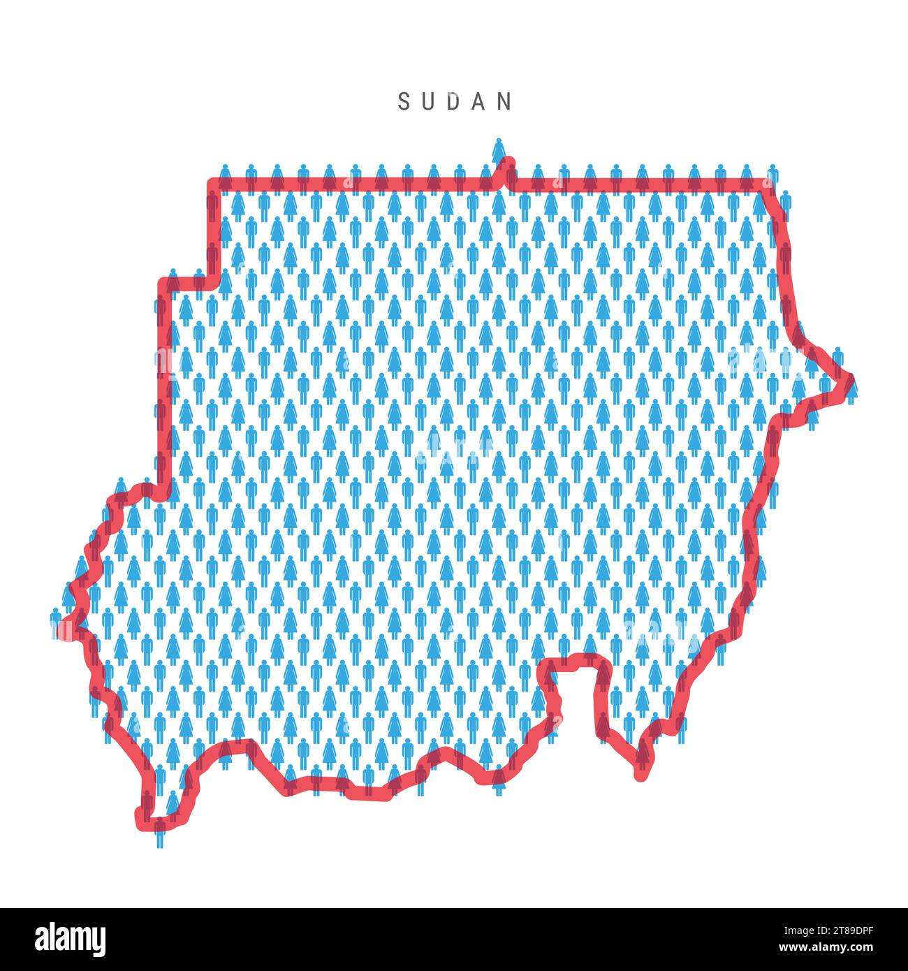 Sudan population map. Stick figures Sudanese people map with bold red translucent country border. Pattern of men and women icons. Isolated vector illu Stock Vector