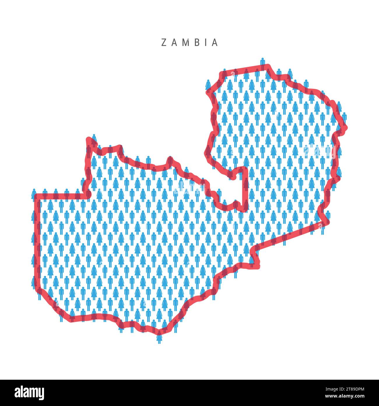 Zambia population map. Stick figures Zambian people map with bold red translucent country border. Pattern of men and women icons. Isolated vector illu Stock Vector