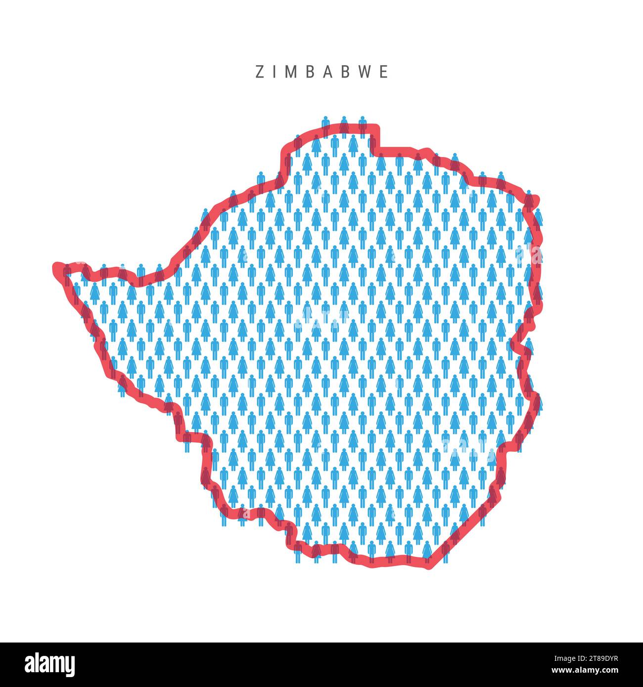 Zimbabwe population map. Stick figures Zimbabwean people map with bold red translucent country border. Pattern of men and women icons. Isolated vector Stock Vector