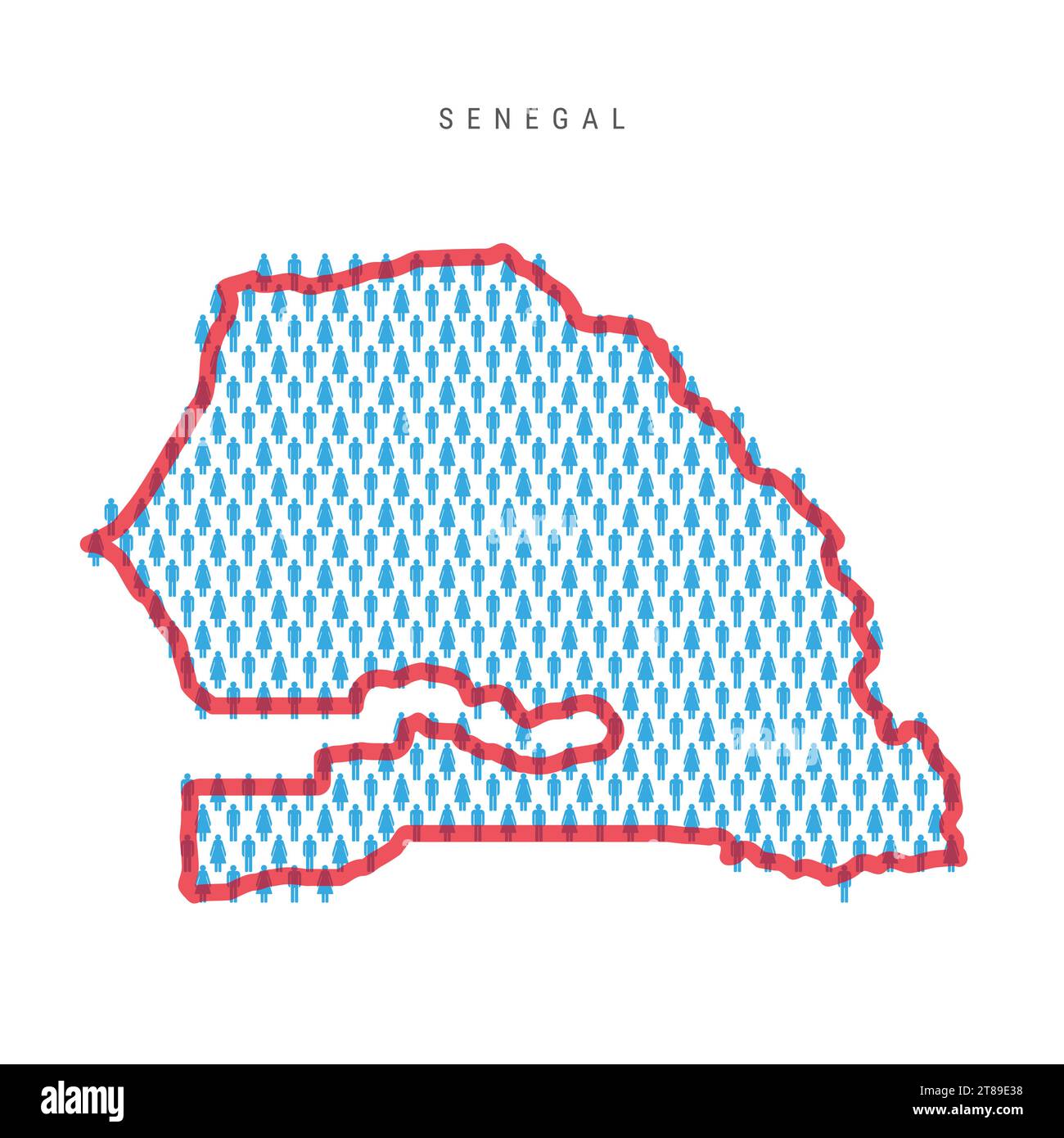Senegal population map. Stick figures Senegalese people map with bold red translucent country border. Pattern of men and women icons. Isolated vector Stock Vector