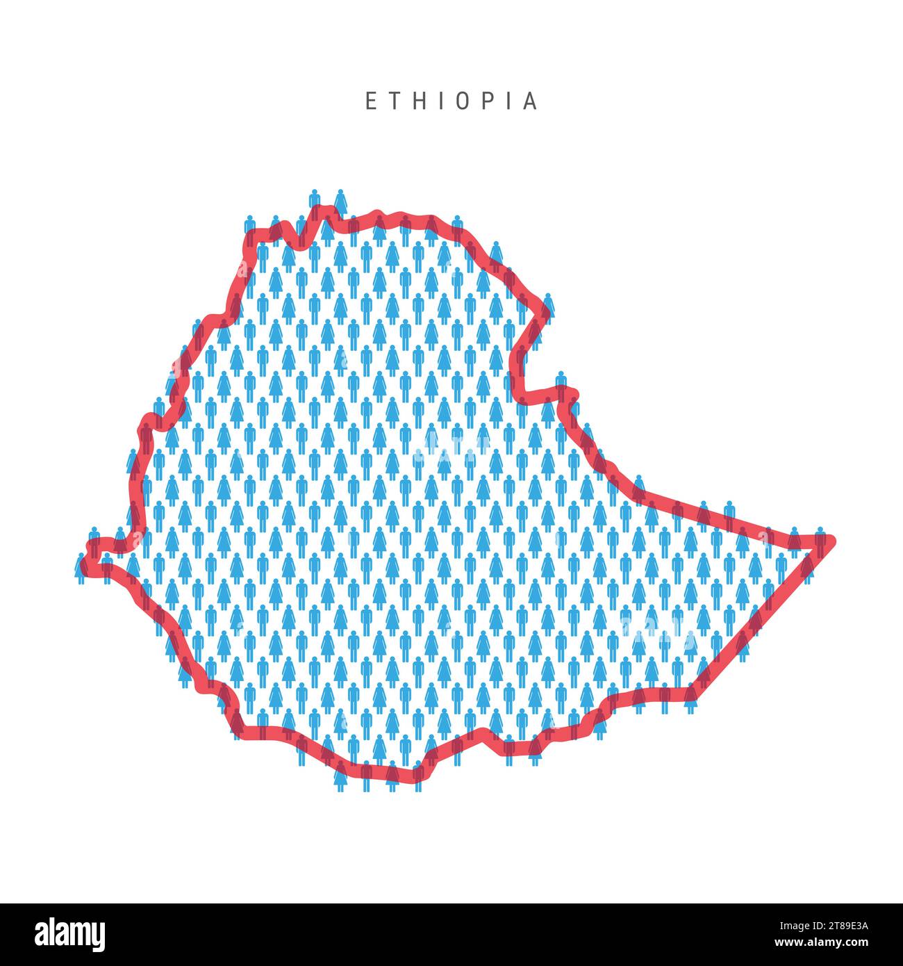 Ethiopia population map. Stick figures Ethiopian people map with bold red translucent country border. Pattern of men and women icons. Isolated vector Stock Vector