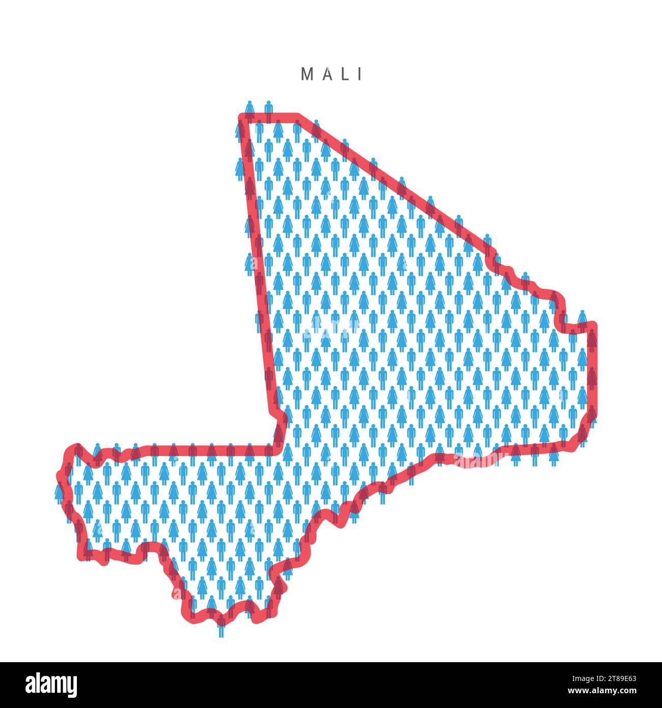 Mali population map. Stick figures Malian people map with bold red translucent country border. Pattern of men and women icons. Isolated vector illustr Stock Vector