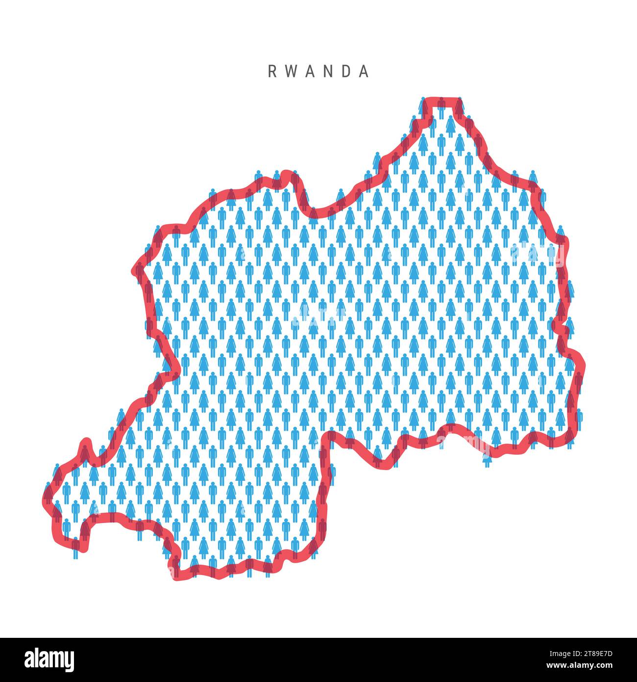 Rwanda population map. Stick figures Rwandan people map with bold red translucent country border. Pattern of men and women icons. Isolated vector illu Stock Vector