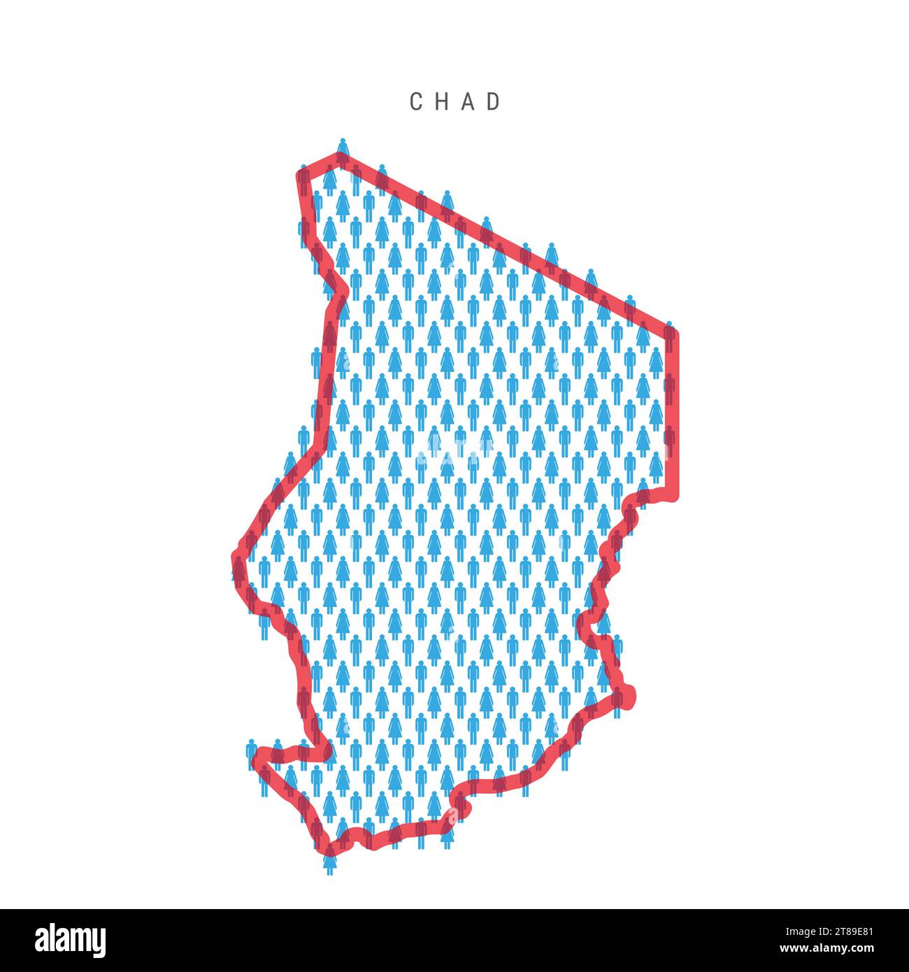 Chad population map. Stick figures Chadian people map with bold red translucent country border. Pattern of men and women icons. Isolated vector illust Stock Vector