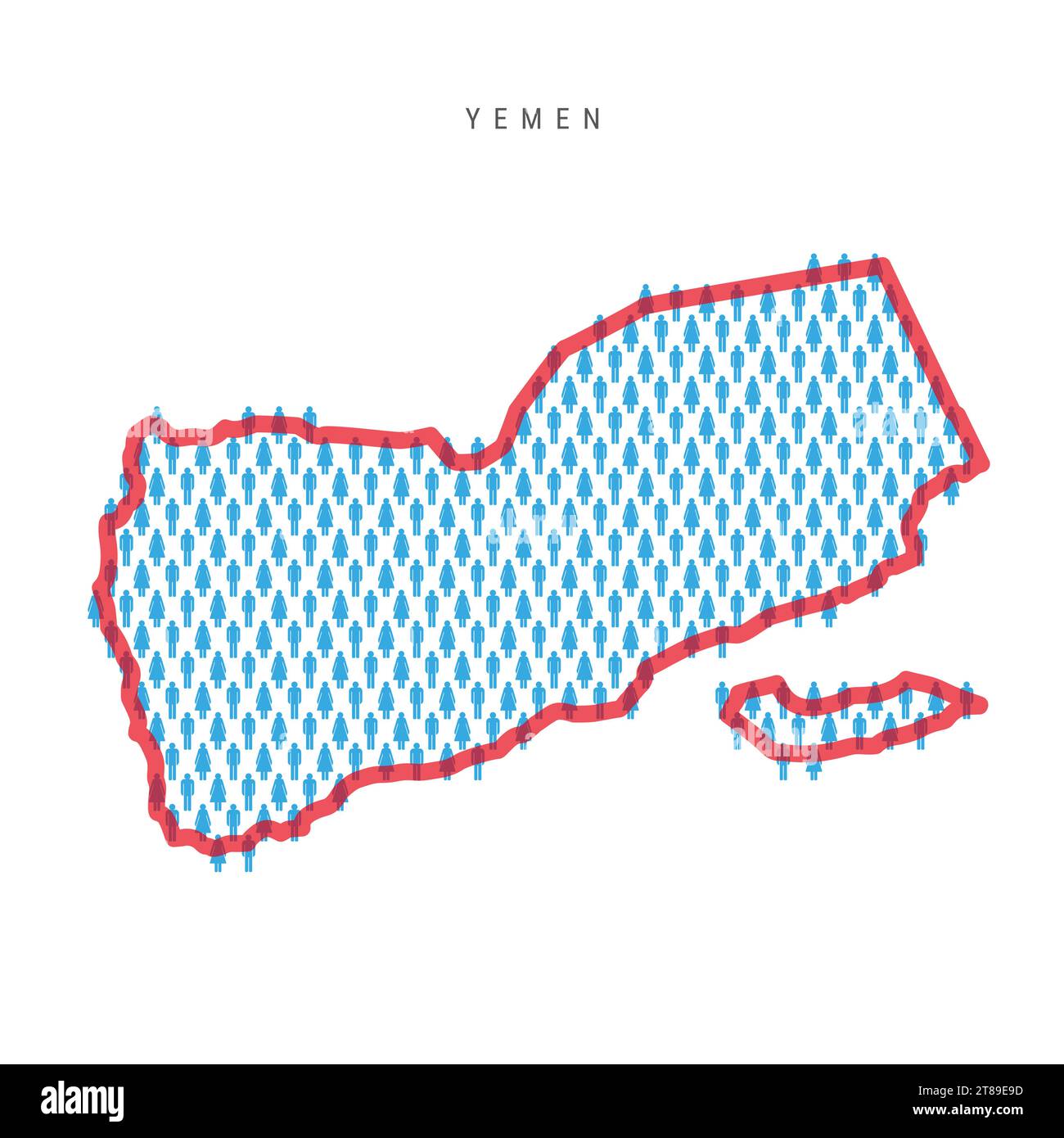Yemen population map. Stick figures Yemeni people map with bold red translucent country border. Pattern of men and women icons. Isolated vector illust Stock Vector