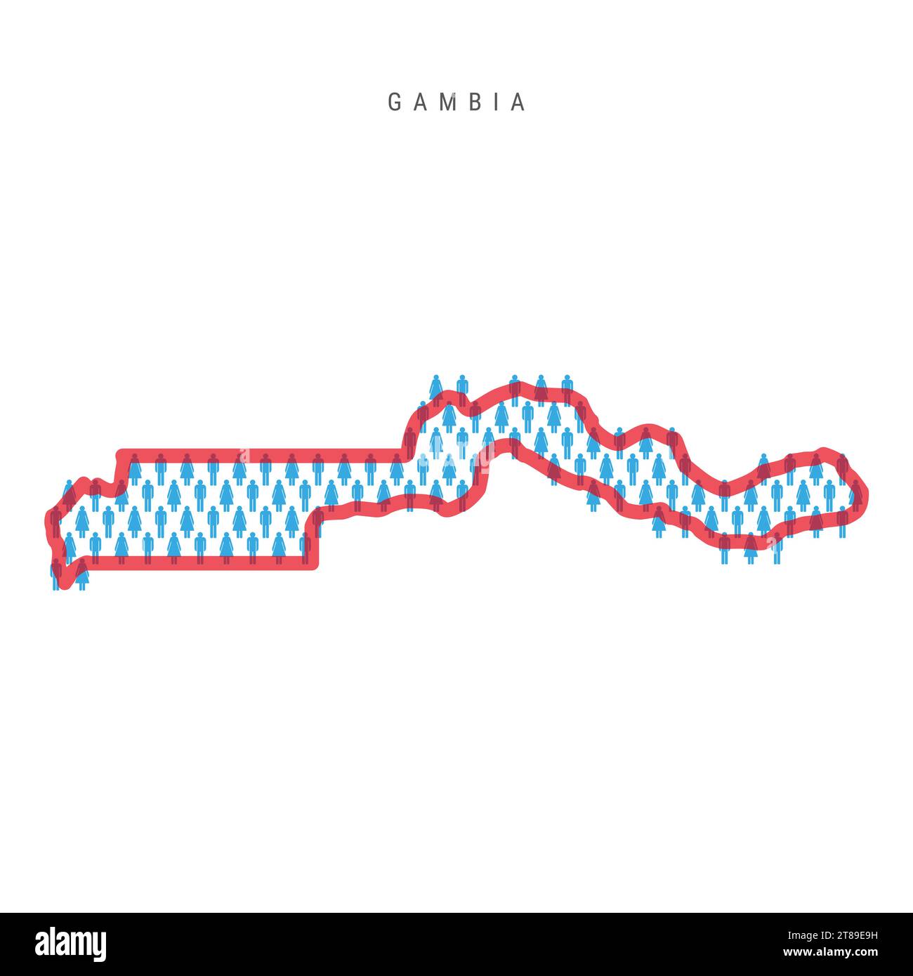 Gambia population map. Stick figures Gambian people map with bold red translucent country border. Pattern of men and women icons. Isolated vector illu Stock Vector