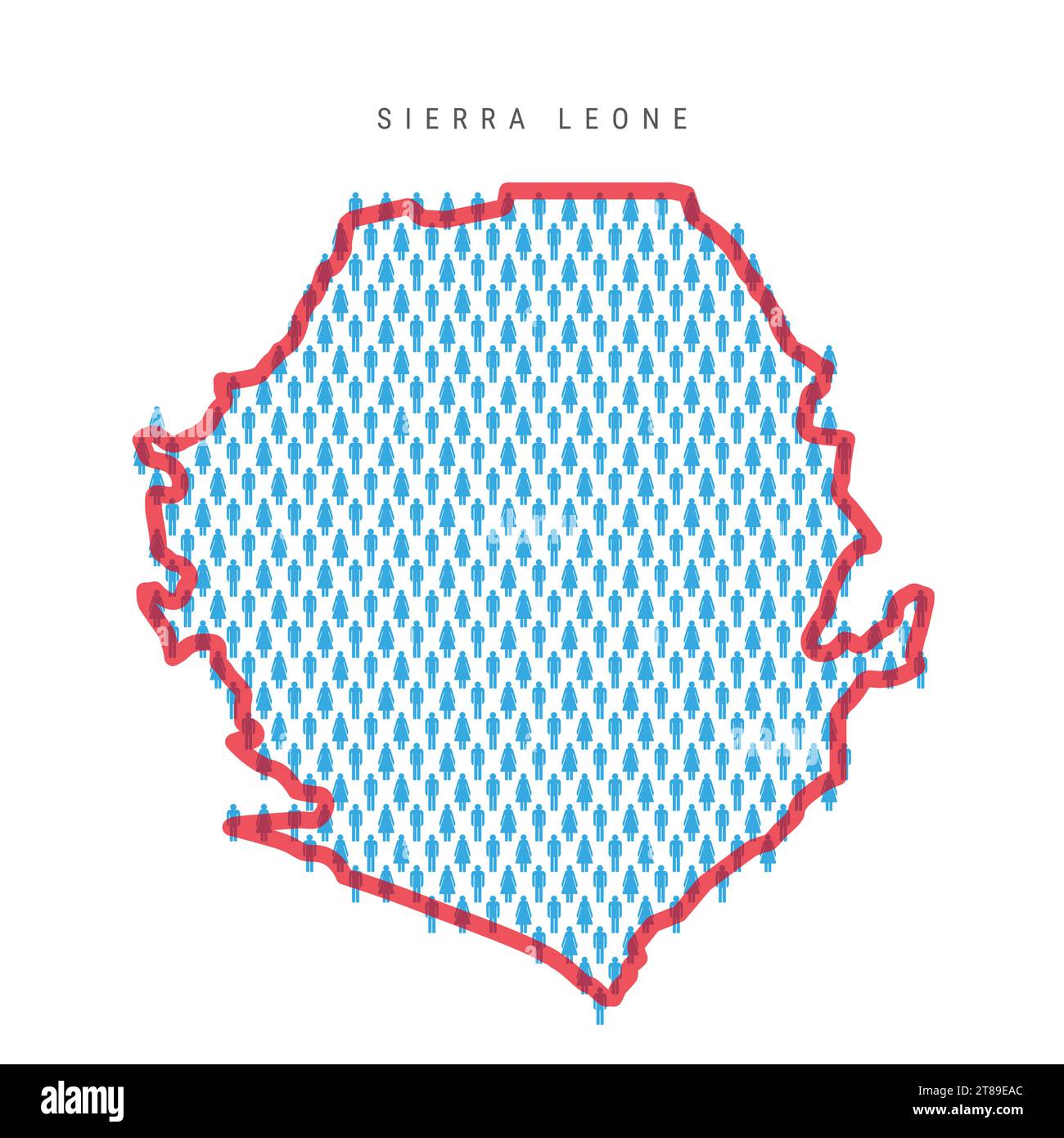 Sierra Leone population map. Stick figures Salone people map with bold red translucent country border. Pattern of men and women icons. Isolated vector Stock Vector