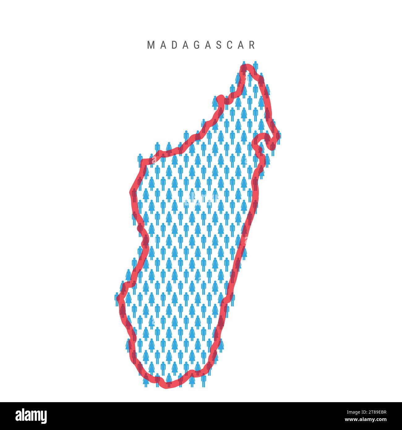 Madagascar population map. Stick figures Republic of Madagascar people map with bold red translucent country border. Pattern of men and women icons. I Stock Vector