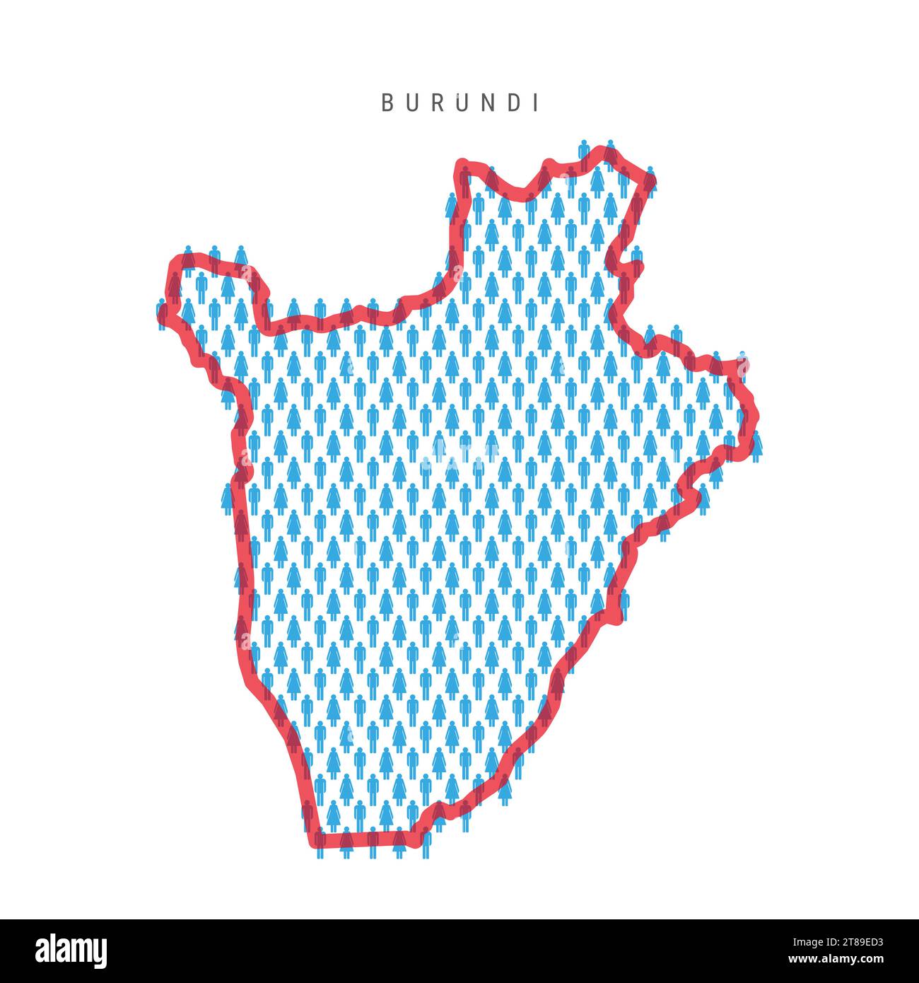 Burundi population map. Stick figures Burundian people map with bold red translucent country border. Pattern of men and women icons. Isolated vector i Stock Vector