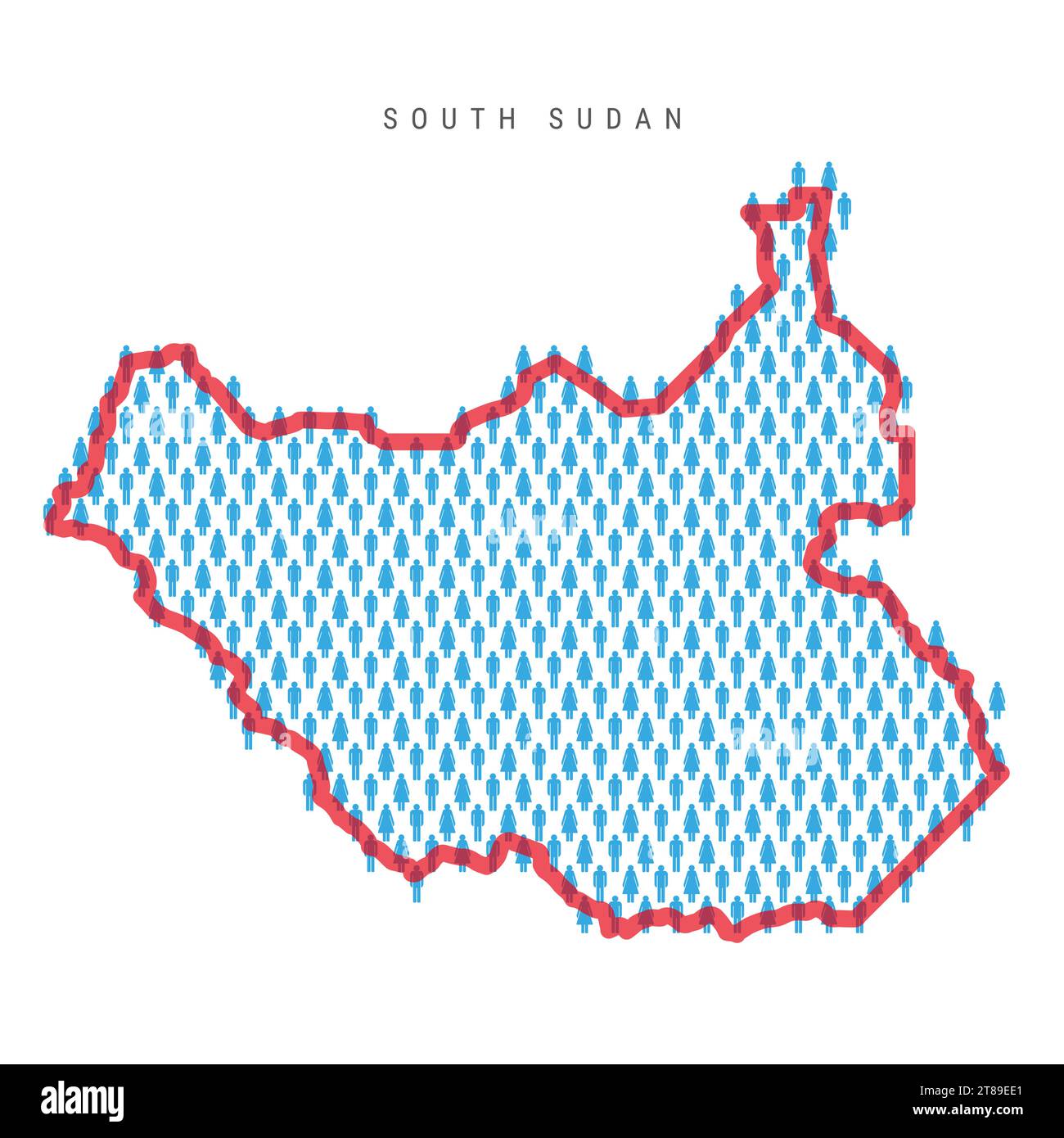South Sudan population map. Stick figures Sudanese people map with bold red translucent country border. Pattern of men and women icons. Isolated vecto Stock Vector