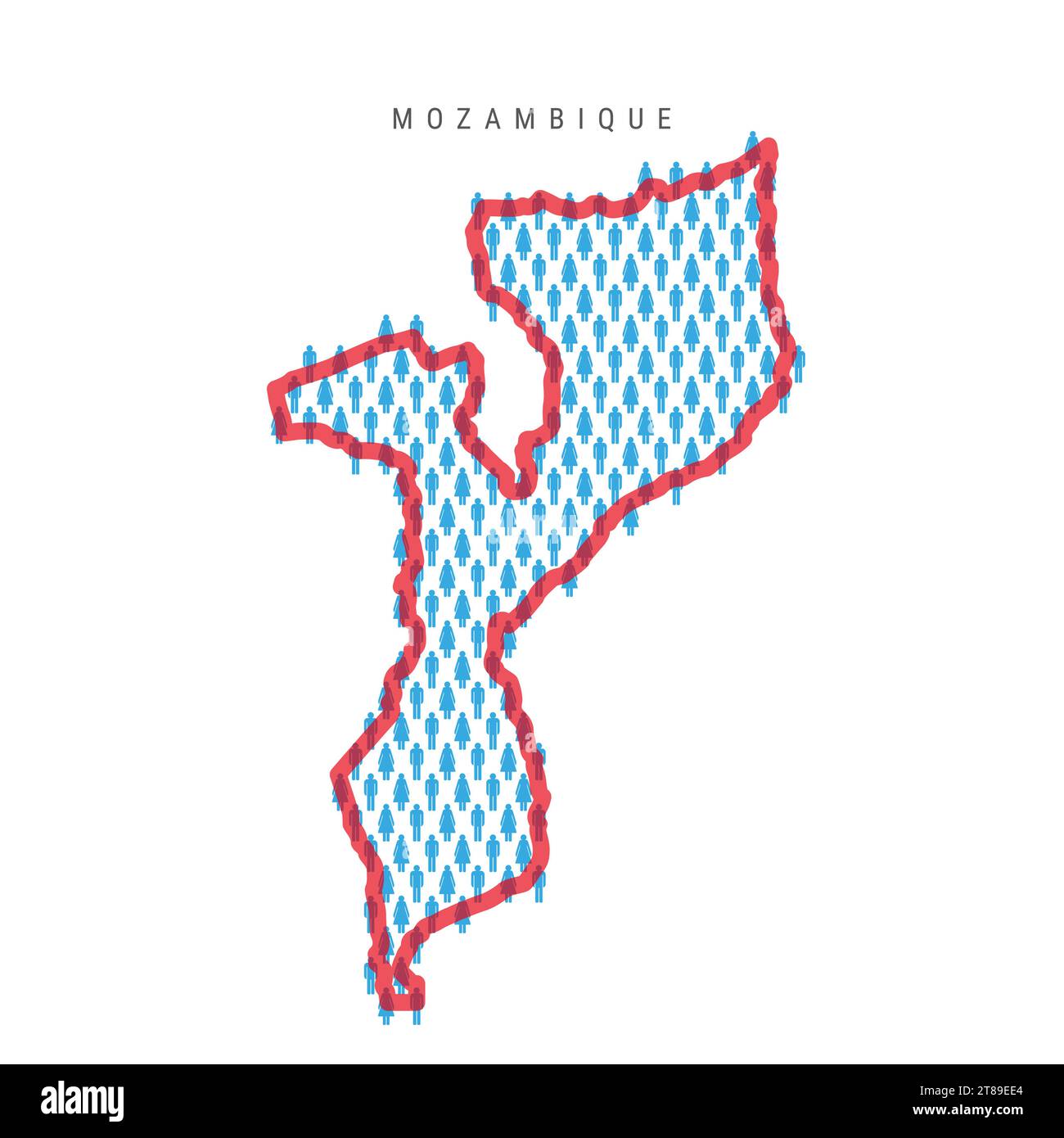Mozambique population map. Stick figures Mozambican people map with bold red translucent country border. Pattern of men and women icons. Isolated vect Stock Vector