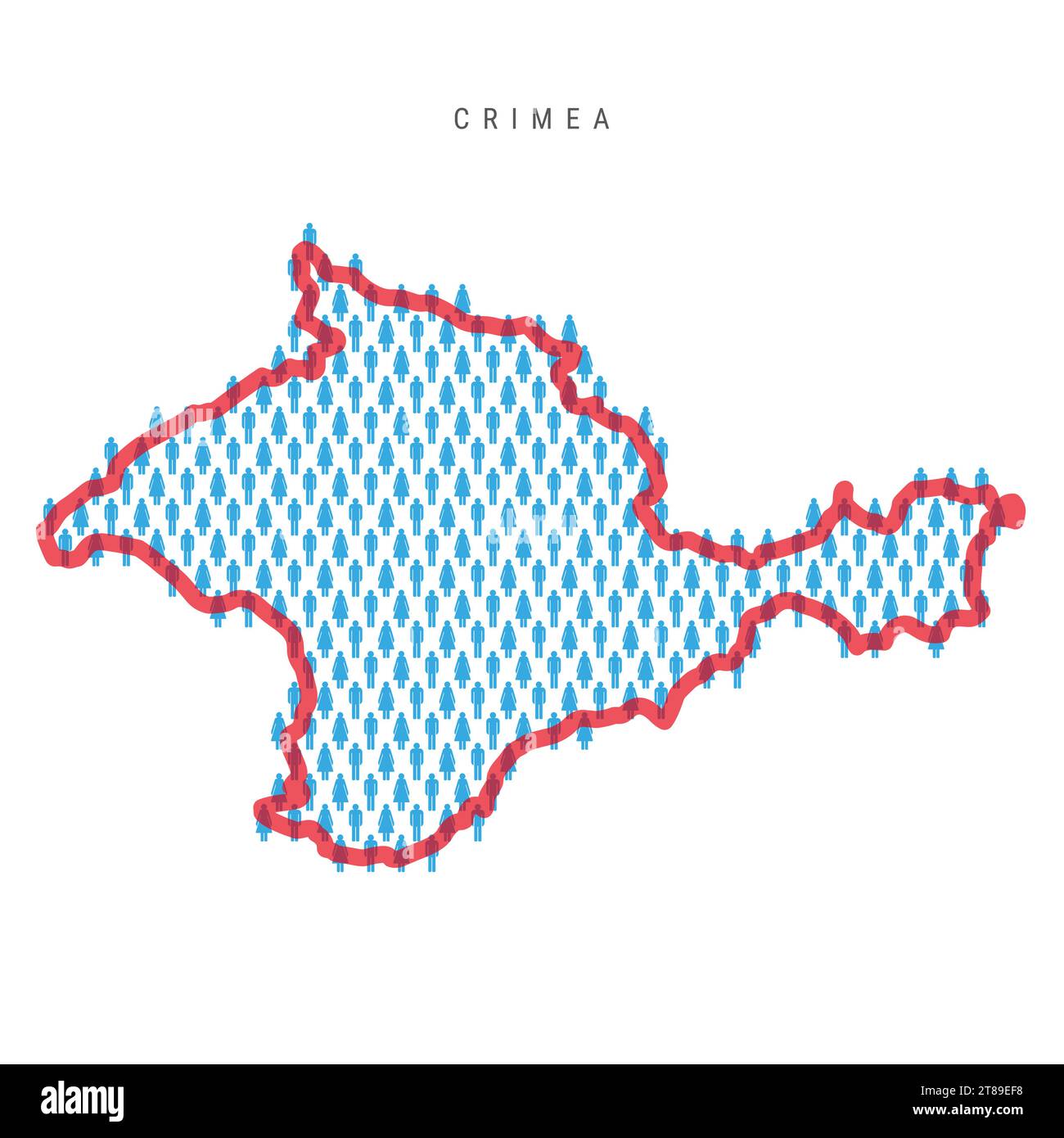 Crimea population map. Stick figures Crimean peninsula people map with bold red translucent country border. Pattern of men and women icons. Isolated v Stock Vector