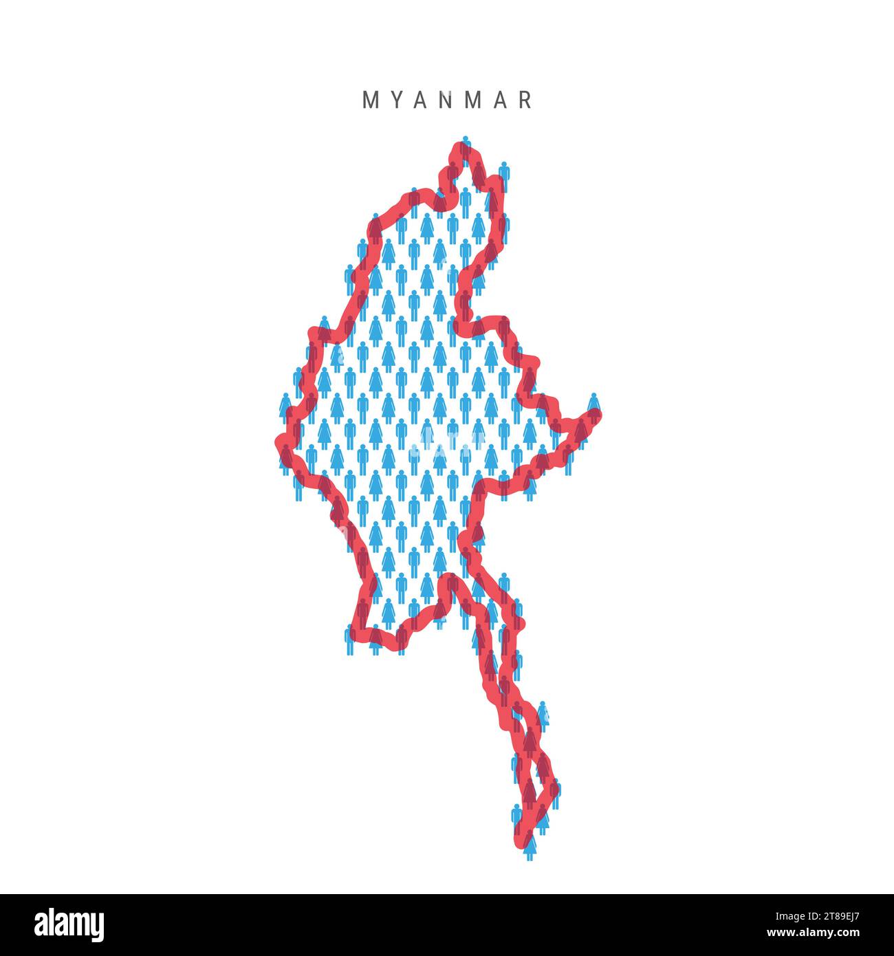 Myanmar population map. Stick figures Burma people map with bold red translucent country border. Pattern of men and women icons. Isolated vector illus Stock Vector