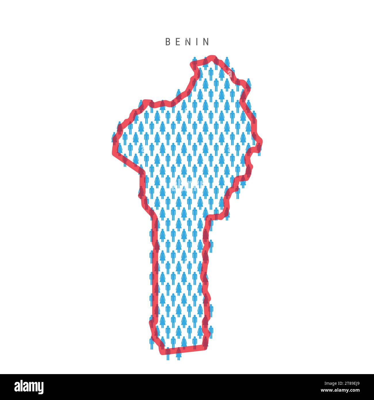 Benin population map. Stick figures Dahomey people map with bold red translucent country border. Pattern of men and women icons. Isolated vector illus Stock Vector