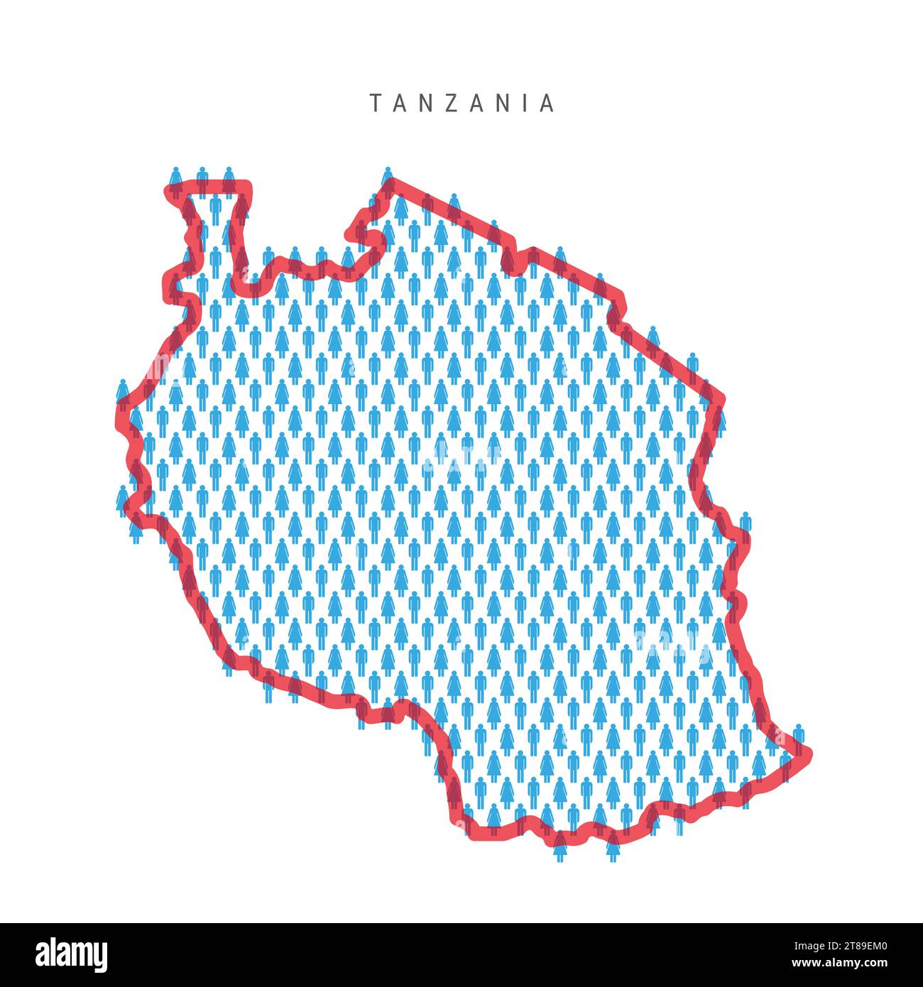 Tanzania population map. Stick figures Tanzanian people map with bold red translucent country border. Pattern of men and women icons. Isolated vector Stock Vector