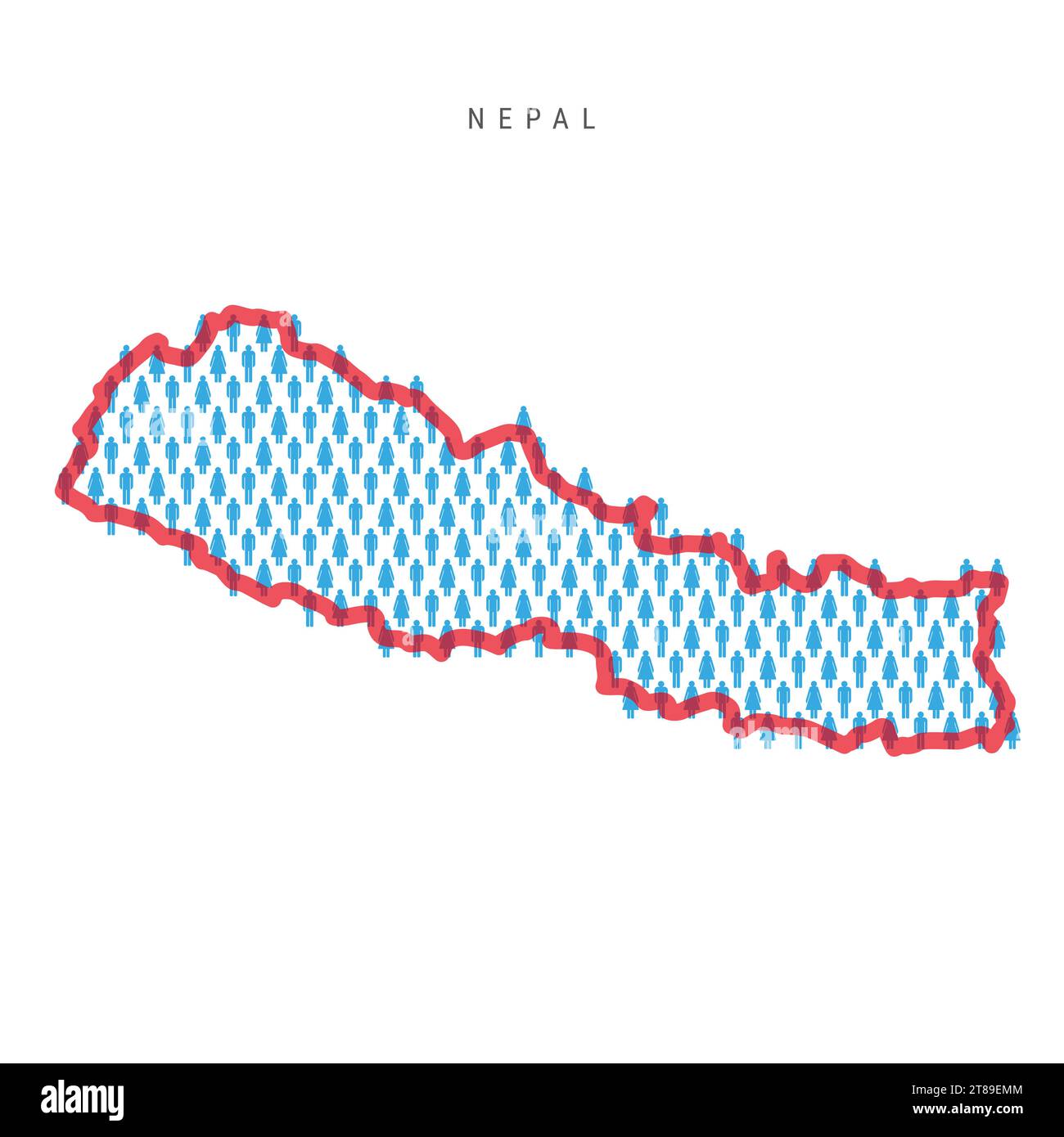 Nepal population map. Stick figures Nepali people map with bold red translucent country border. Pattern of men and women icons. Isolated vector illust Stock Vector