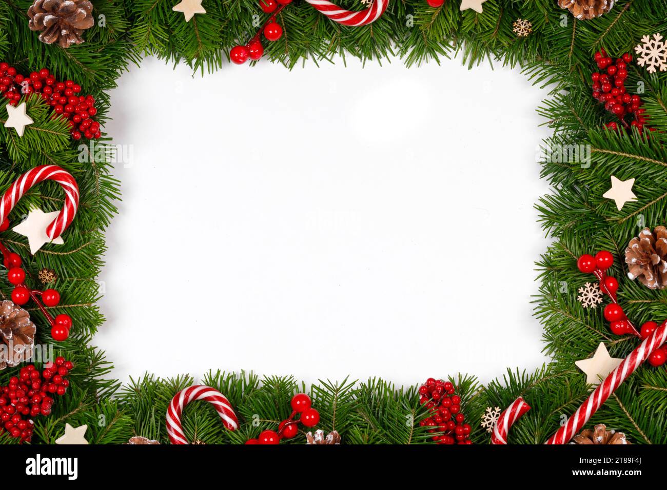 Christmas Border frame of tree branches around white background with ...