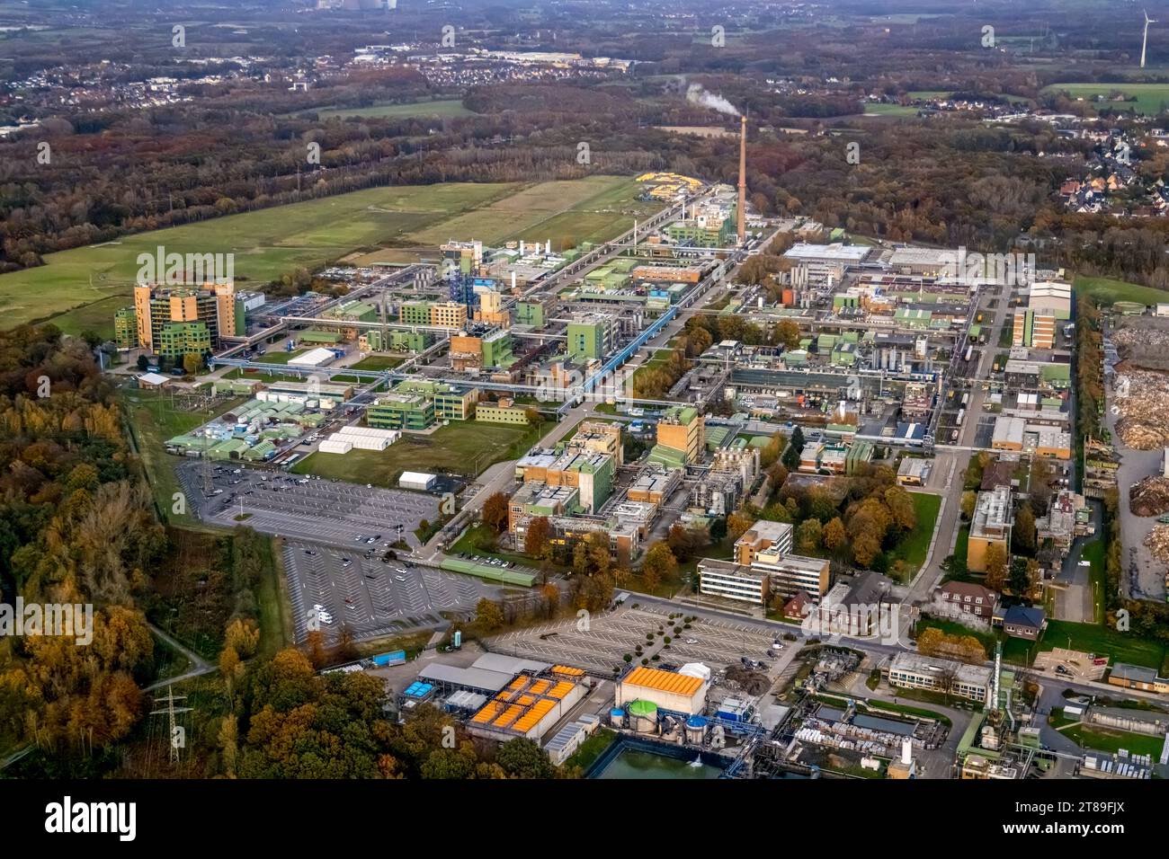 Aerial view, chemical plant Bayer AG, pharmaceutical company for the