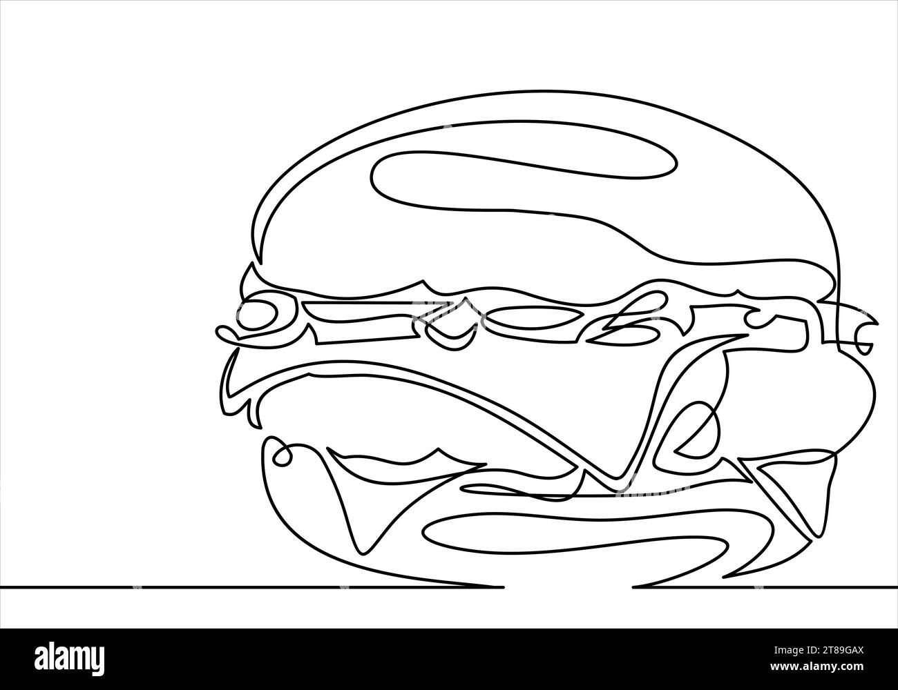 Continuous line drawing. Big Hamburger Fast food. Vector illustration Stock Vector