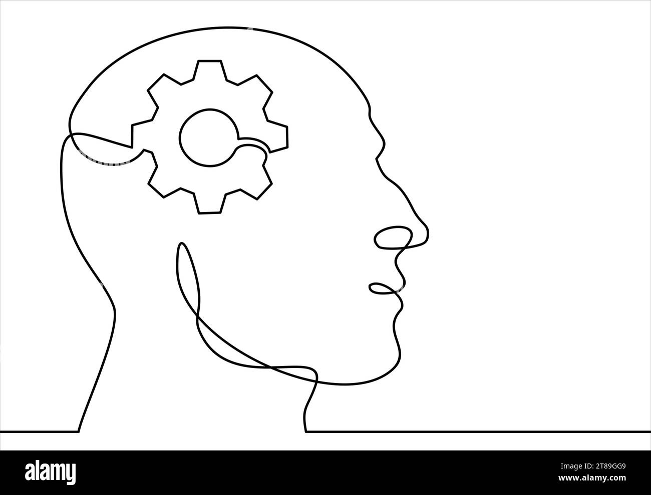 Head of a man with gears inside, drawn in one line on a white ...