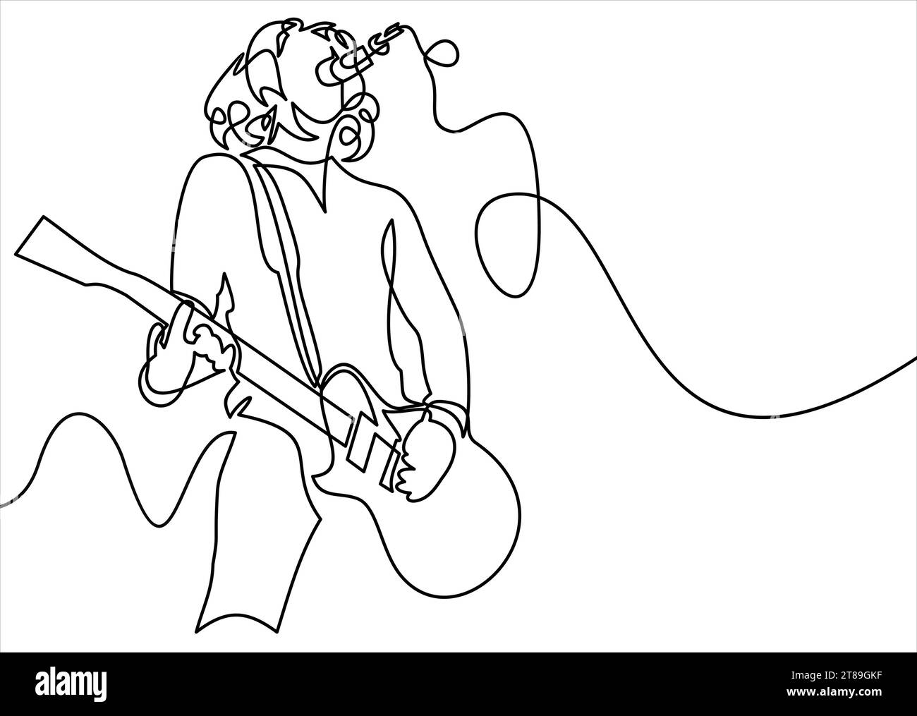 rock star singing with guitara and micorphone-continuous line drawing Stock Vector